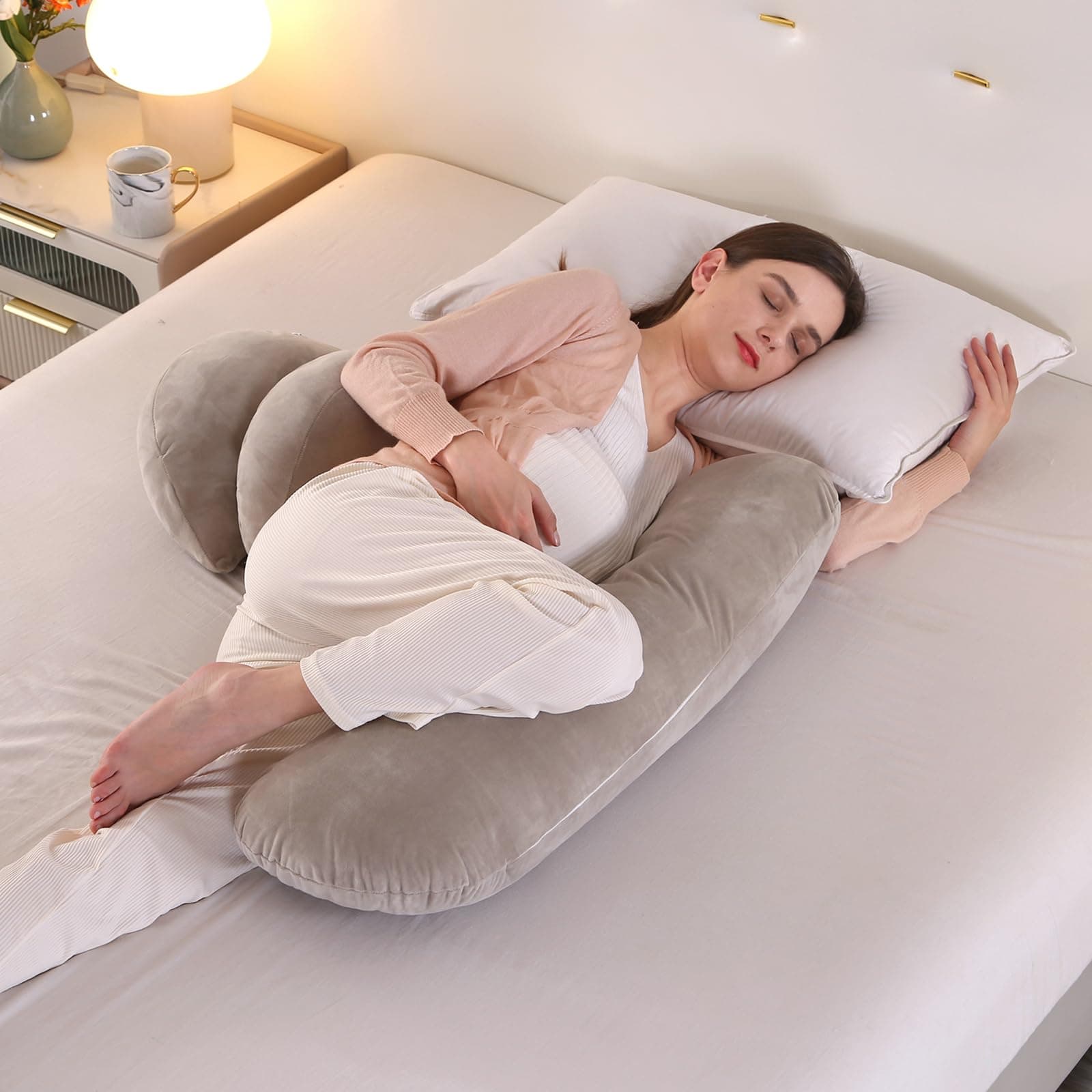 SHANNA Pregnancy Pillow, Large U-Shape Full Body Pillow 100% Cotton with Replaceable and Washable Velvet Cover for Sleeping and Feeding, 70 * 145cm/27.5 * 57in (Gray+Pink)