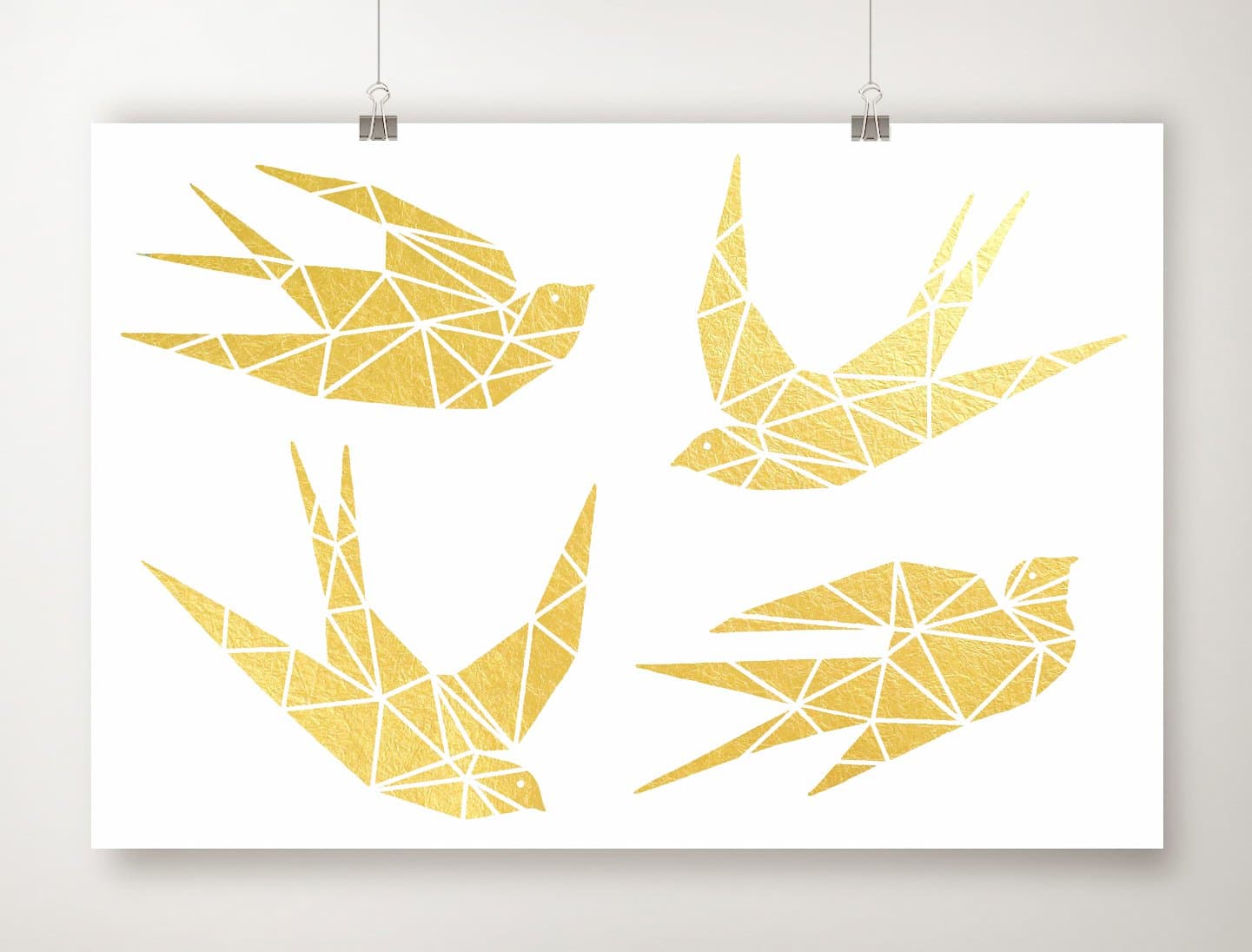 Gold Foil Bird Print, Gold Leaf Birds Art, Geometric Sparrow Artwork, Minimal Swallow Poster