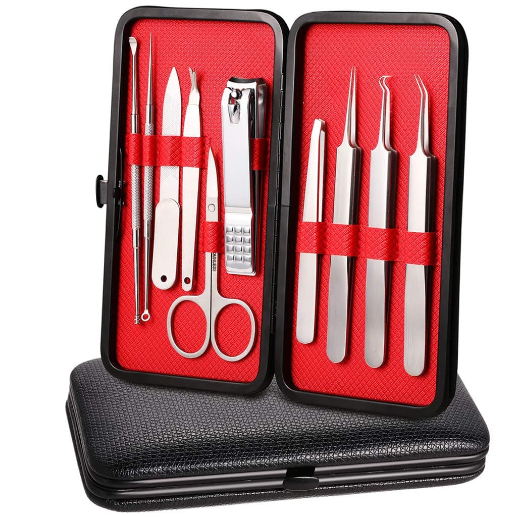 Blackhead Remover Comedone Extractor Tweezers Manicure Nail Clippers Kit, for Nial Cutter Acne Pimple Blemish Removal Professional Stainless Steel Travel Tools Set with Leather Case by Teamkio