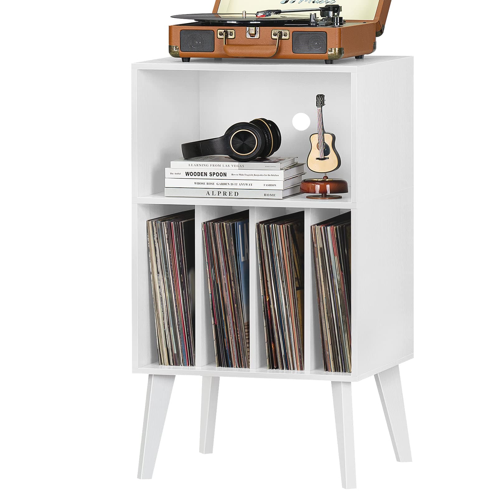 Lerliuo Record Player Stand,Vinyl Storage Cabinet Holds up to 160 Albums,Mid-Century Record Player Holder Table with Solid Wood Legs, White Turntable Stand with Storage Shelf for Bedroom Living Room