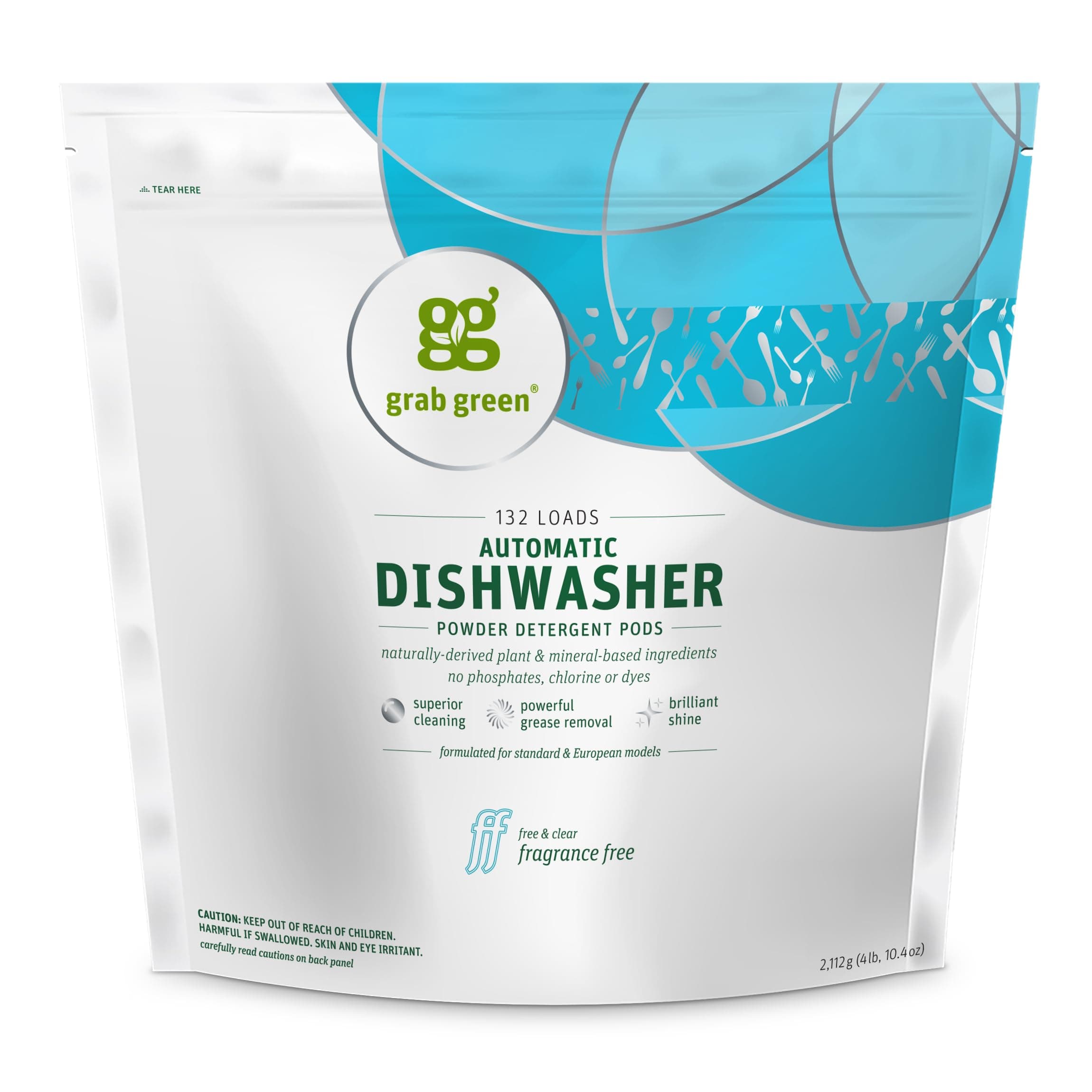 Grab Green (132 Loads, Fragrance Free, Standard) - Natural Dishwasher Detergent Pods, Fragrance Free, Organic Enzyme-Powered, Plant & Mineral-Based, Free & Clear/Unscented, 132 Loads