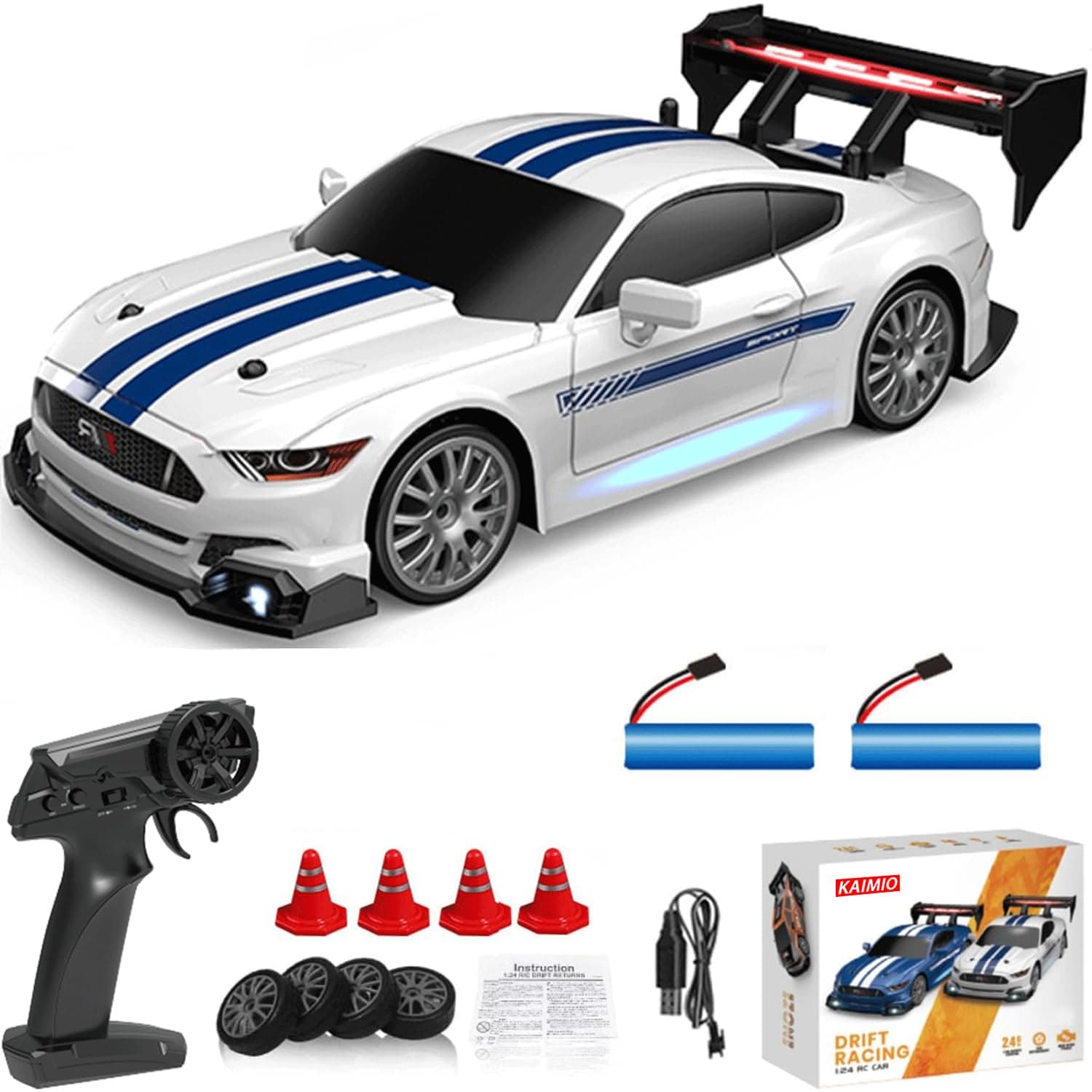 1:24 Scale RC Drift Car 4WD 2.4GHz 30KM/H High Speed Racing Sport Toy Car with LED Lights, Racing and Drift Wheels (8602-White)