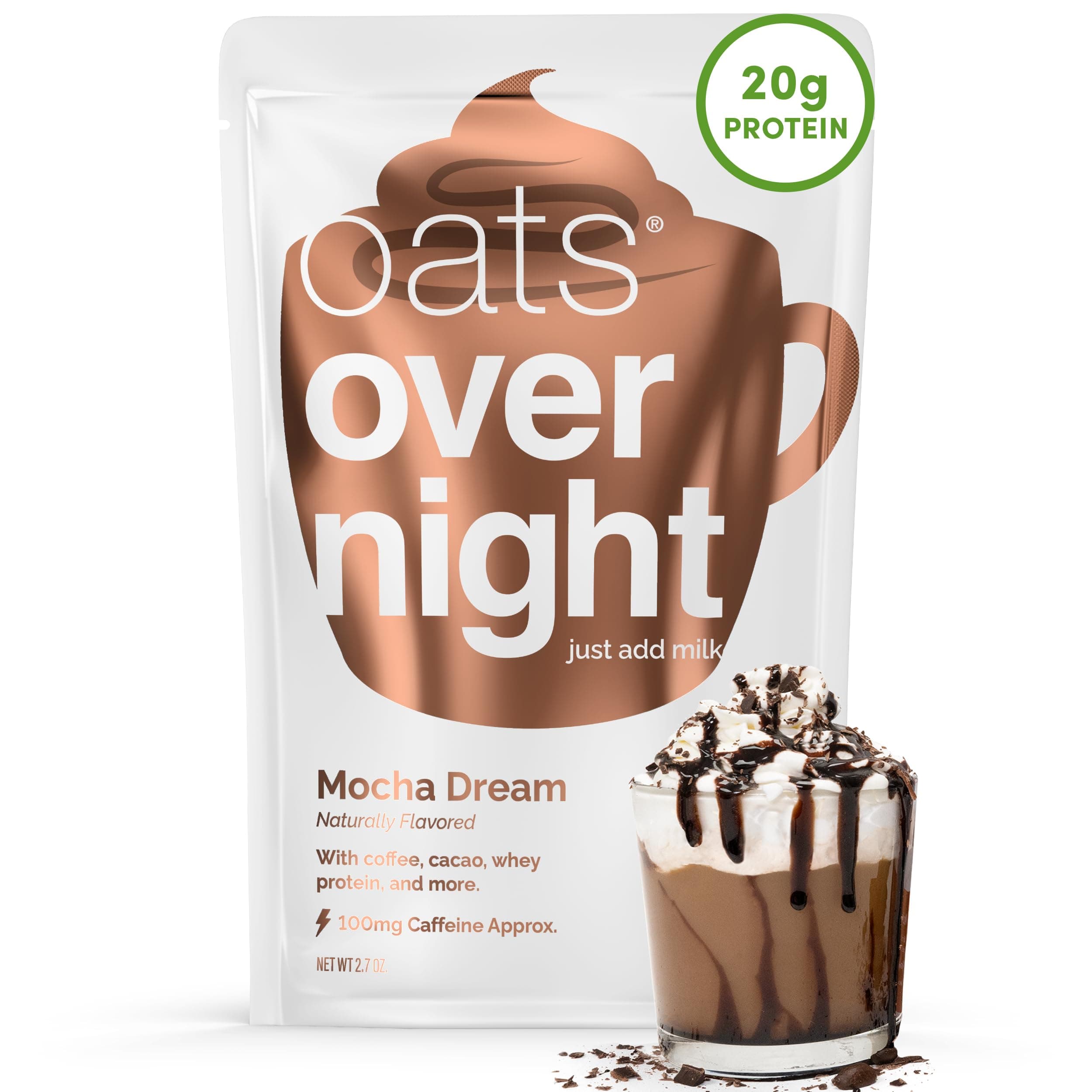 Mocha Dream - 20g Protein, High Fiber Breakfast Shake 100mg Caffeine - Gluten Free, Non GMO Oatmeal (2.7 oz per meal) (8 Pack)
