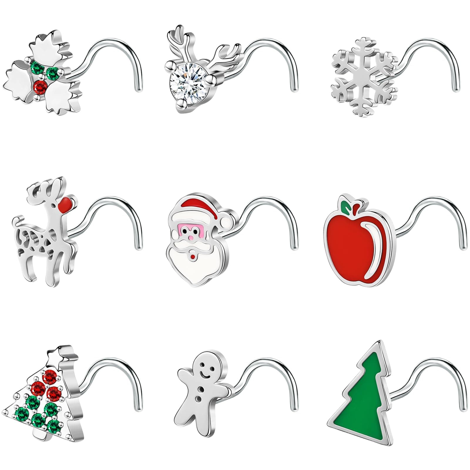 BodyAce20G Christmas Nose Rings, Stainless Steel Nose Studs l Shaped Nostril Ring, Corkscrew Nose Piercing Christmas Jewellery for Women Men