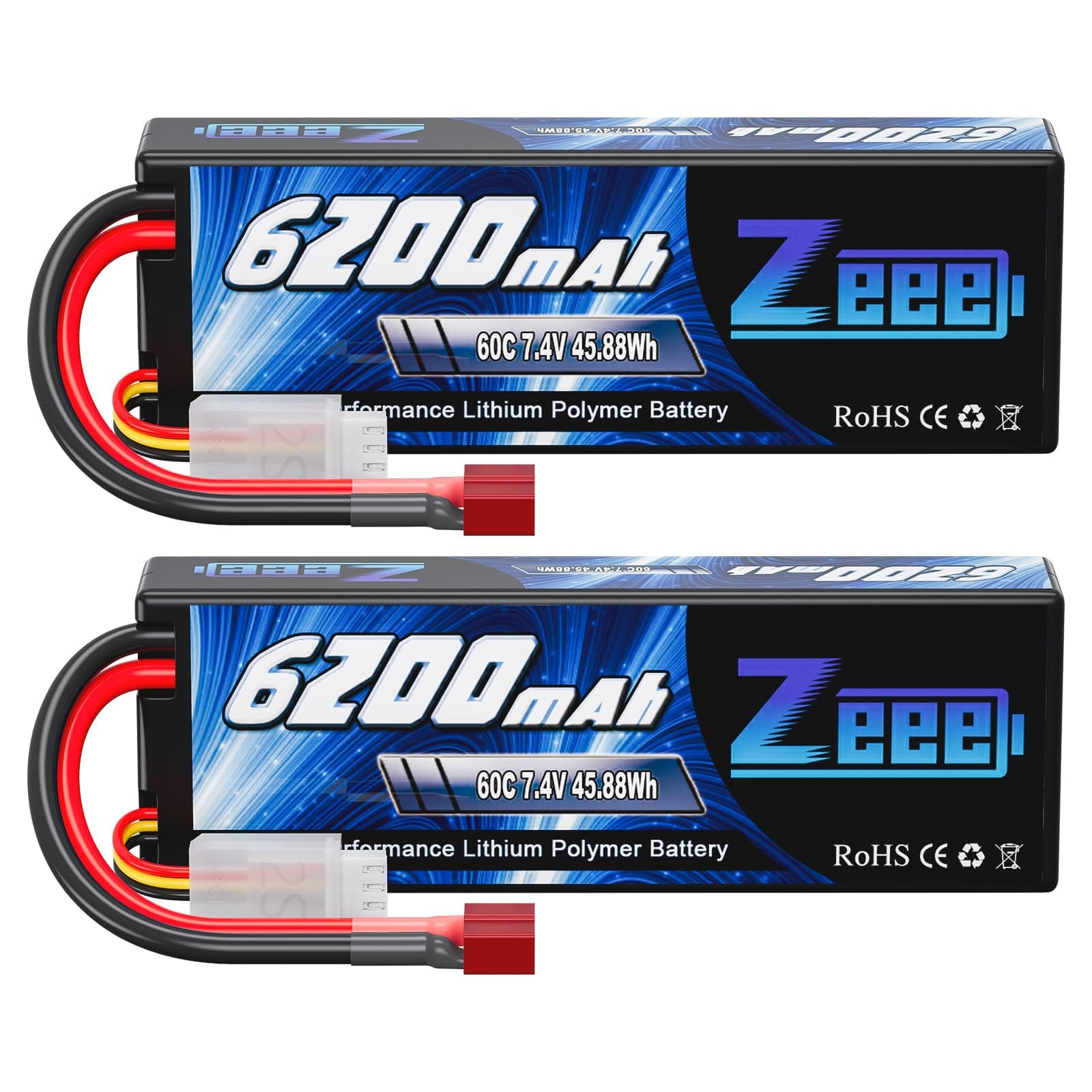 Zeee 2S Lipo Battery 6200mAh 7.4V 60C Hard Case Battery with T Connector for RC Vehicles Car Truck Truggy Boat Racing Hobby(2 Pack)