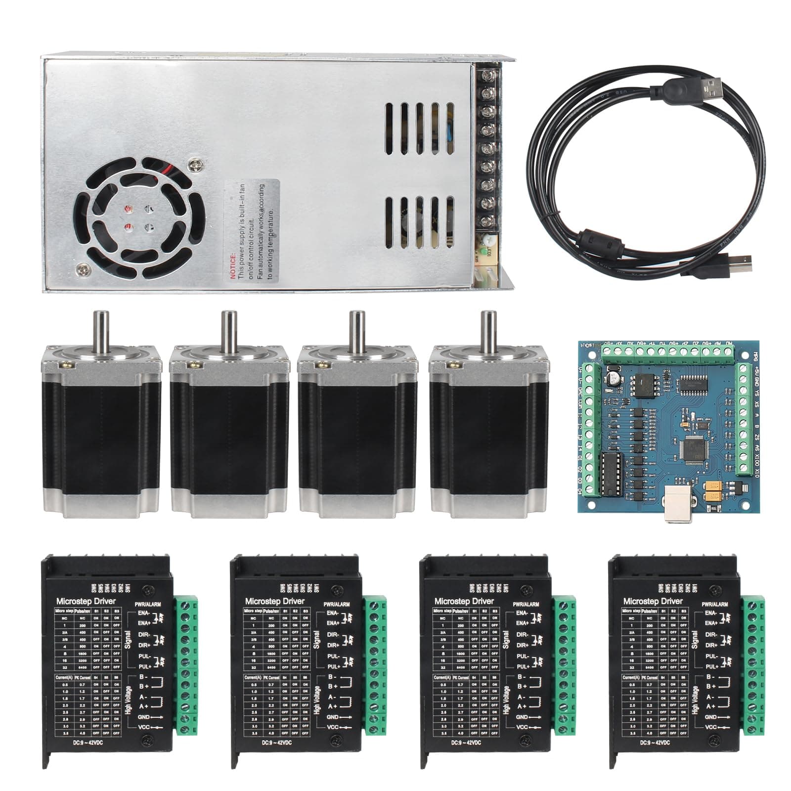 RATTMMOTOR CNC Controller Kit, 4 Axis CNC Kit with Nema23 Stepper Motor 57*76mm 270Oz-in 3A 1.8Nm, TB6600 Driver 4A, USB Mach3 CNC Motion Control Card Breakout Board, 24V Power Supply for CNC Machine