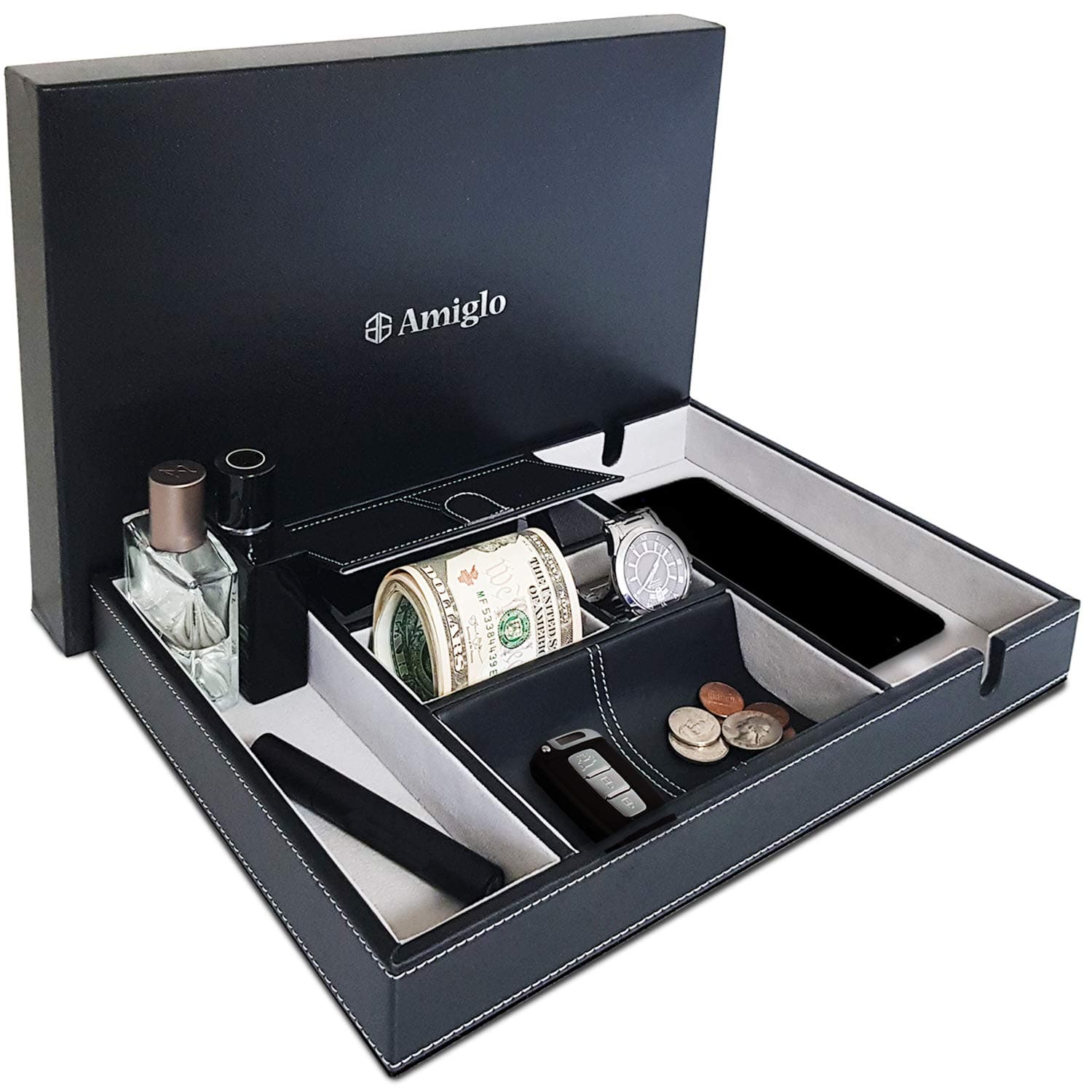 Amiglo Valet Tray Nightstand Organizer Charging Station EDC Table Desk Bedside Organizer for Men, Large Capacity, Leather Valet Box for Watch, Money, Keys, Accessories, Wallet