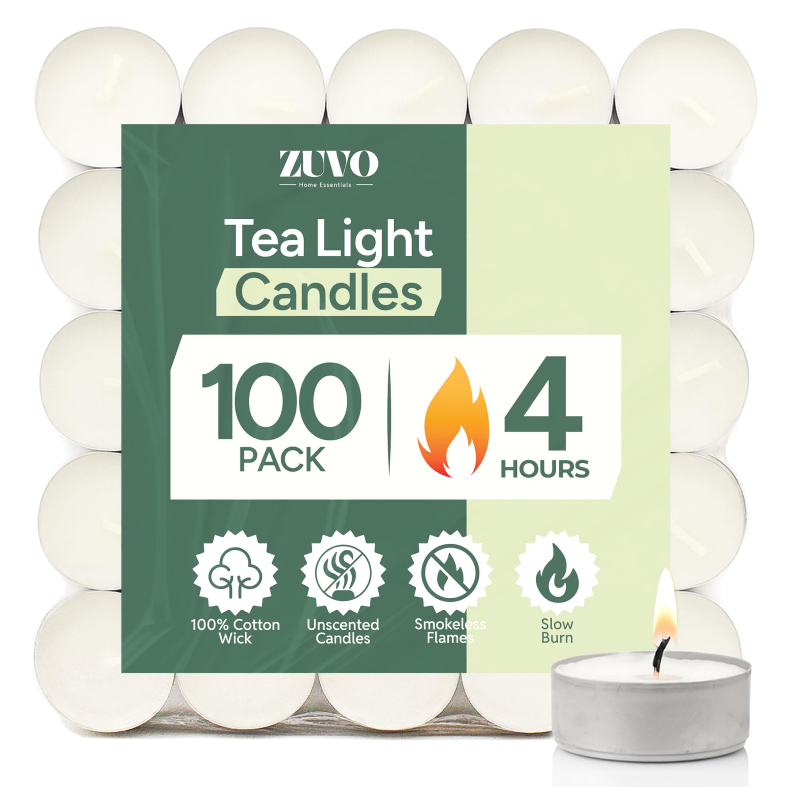 Zuvo Tea Lights Candles 4 hour burn (100 Pack) - White t lights - Unscented 3.8 x 2.3 cm - 4hr -