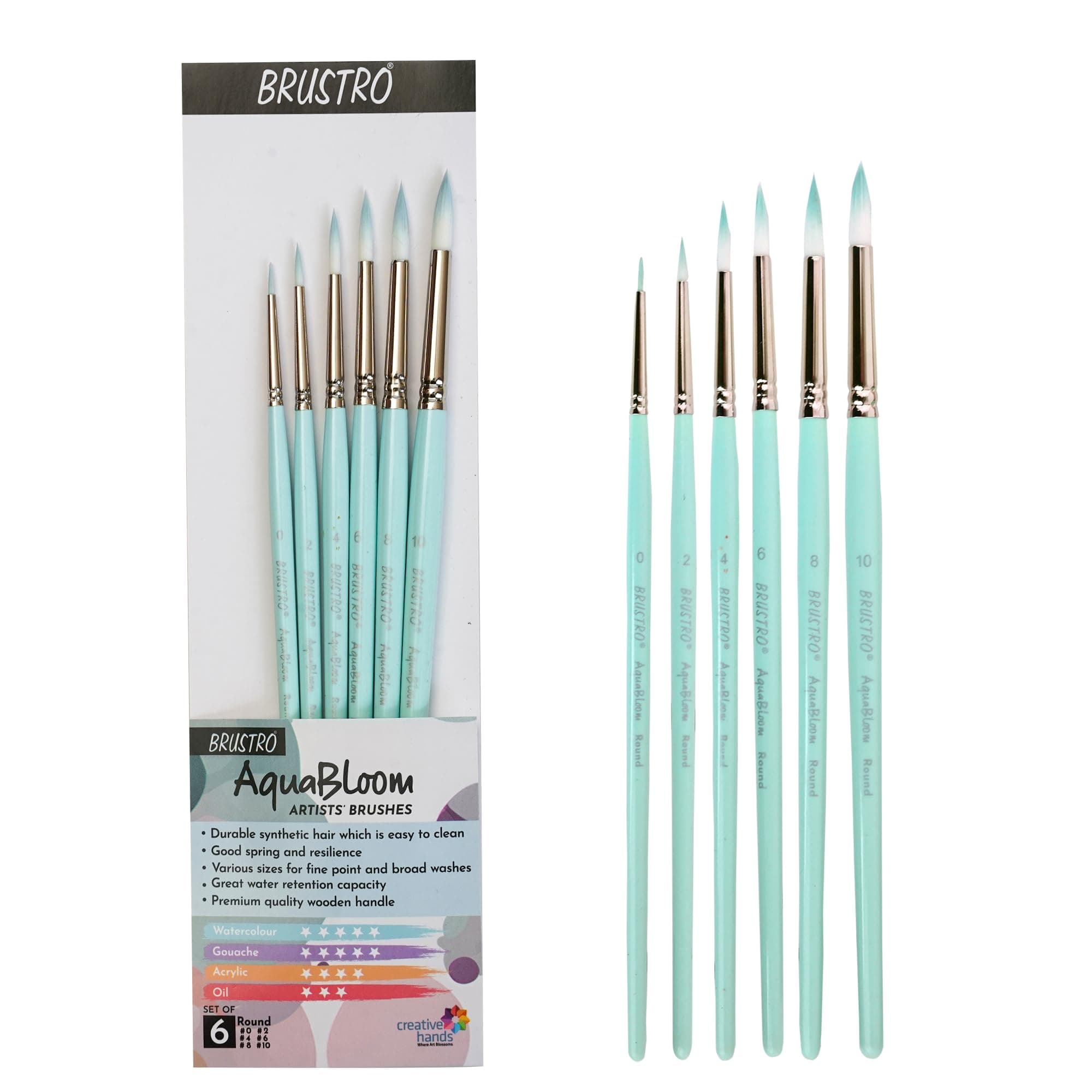 BRUSTRO AquaBloom Artist's Paint Brushes | Round | Set of 6 - Sizes (0, 2, 4, 6, 8, 10) | Wooden Handle, Comfortable Grip, Synthetic Bristles, Ideal for Watercolour, Gouache, Painting