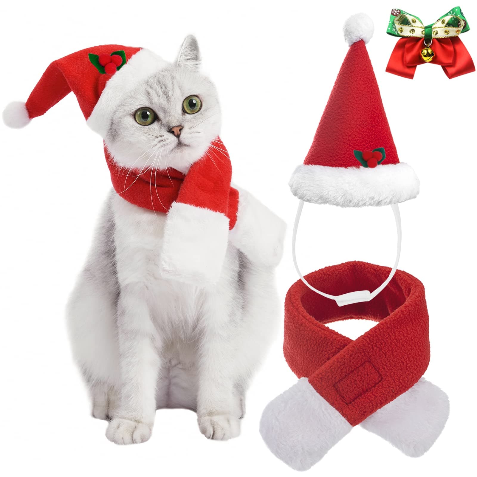 Christmas Cat Costumes Santa Hats and Scarf, Adjustable Xmas Outfit Clothes with Bow Tie for Pet Small Dog, Winter Warm Snowflake Hat for Cat, Kitty Puppy Xmas Gift Present