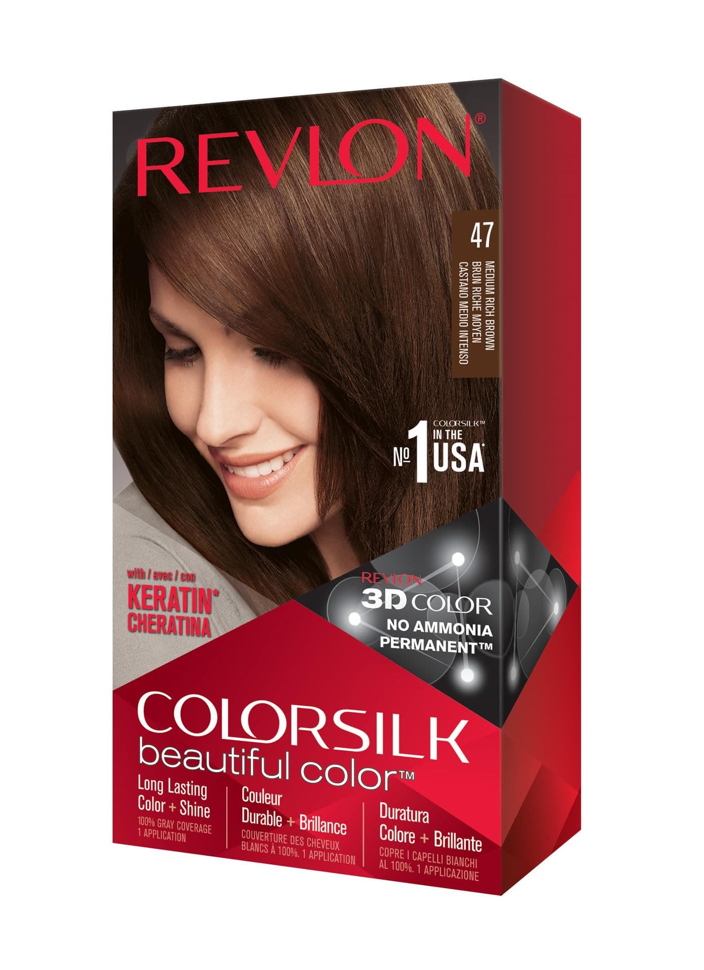 Permanent Hair Color, Permanent Hair Dye, Colorsilk with 100% Gray Coverage, Ammonia-Free, Keratin and Amino Acids, 47 Medium Rich Brown, 4.4 Oz (Pack of 1)