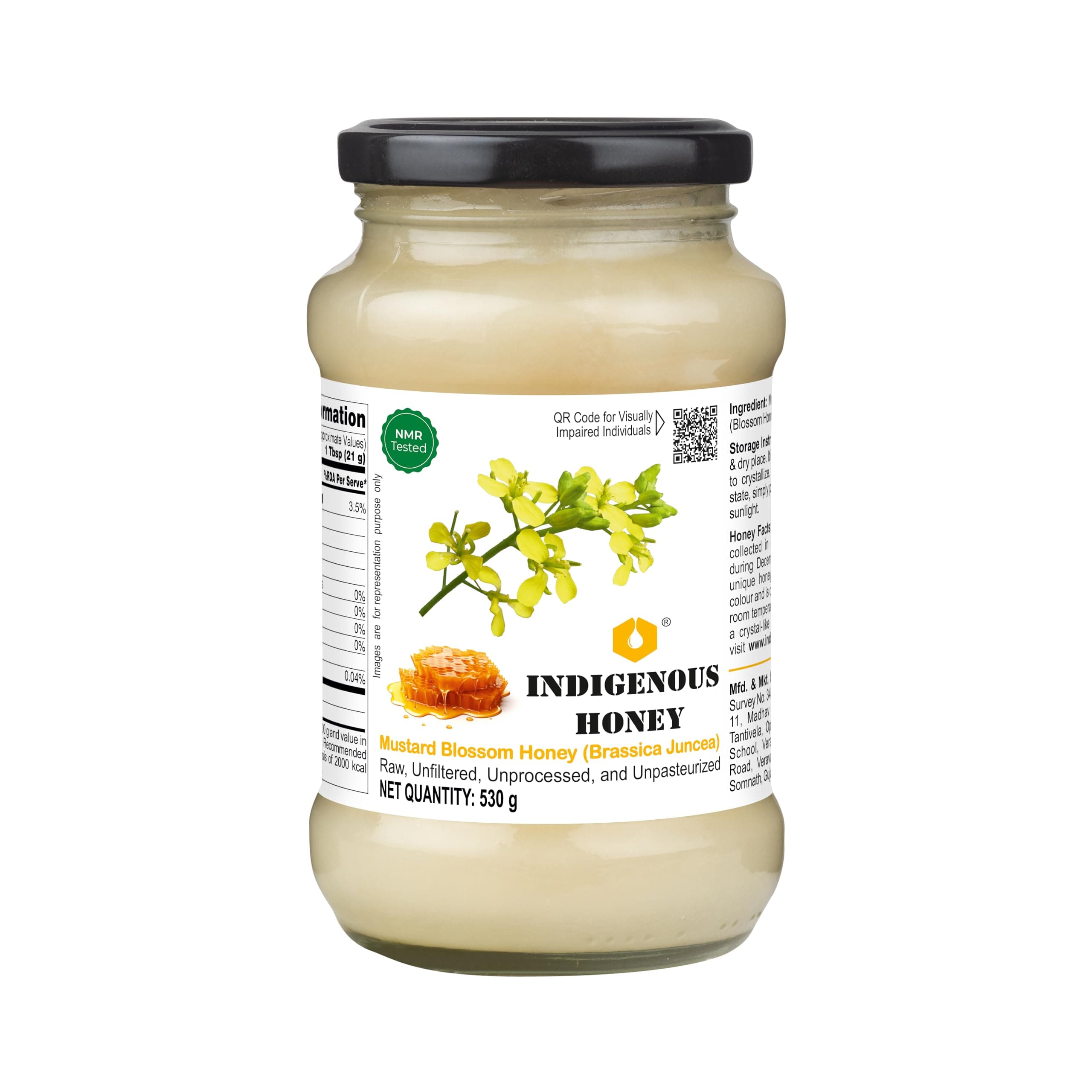 Crystallized Mustard Sarso Honey Raw Natural Pure Unprocessed NMR Tested Unpasteurized Unheated 530g Glass Jar Pack of 1