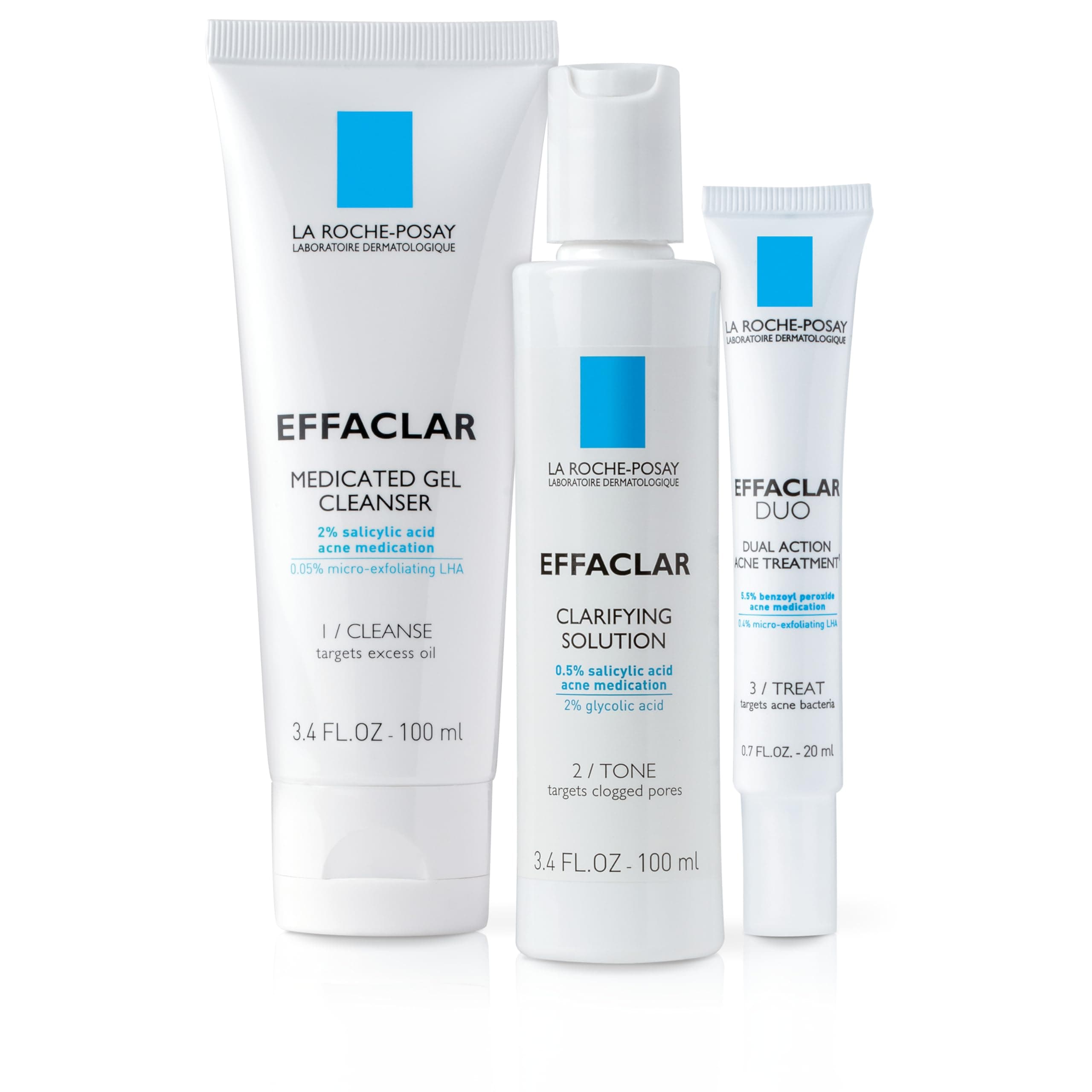La Roche-Posay Effaclar Dermatological 3 Step Acne Treatment System, Salicylic Acid Acne Cleanser, Pore Refining Toner, and Benzoyl Peroxide Acne Spot Treatment for Sensitive Skin, 2-Month Supply