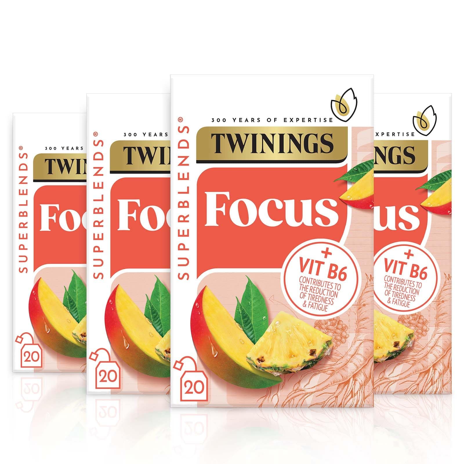 Twinings Superblends Focus Tea - Mango & Pineapple Herbal Tea Infusion with Ginseng & Vitamin B6 - Caffeine Free Energy Boost, 80 x Biodegradable Tea Bags