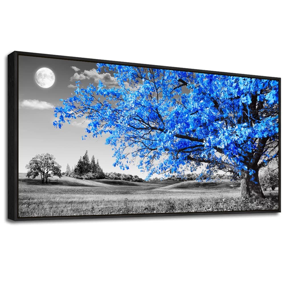 MHARTK66 Black Framed Canvas Wall Art For Living Room And White Pictures Office Decor Large Size Blue Moon Tree Scenery Paintings Bedroom Home Decoration Works Of 20'' X 40''