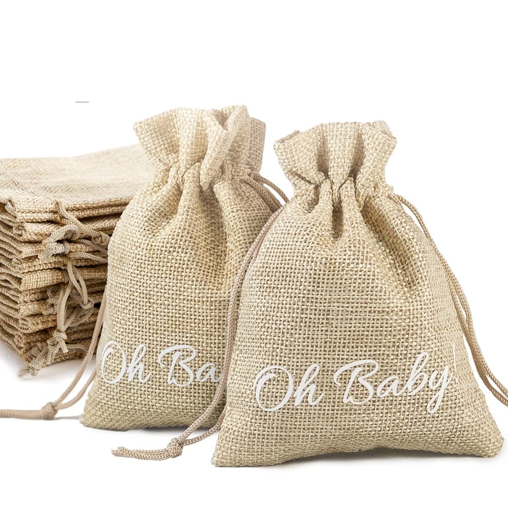 Sweet Baby Co. Baby Shower Favors for 20 Guests Oh Baby Party Favor Bags for Guest Bulk, Girls or Boys Gender Neutral Gender Reveal Prizes, Fall Games for Boy Girl, Muslin Bag for Bottles Letters