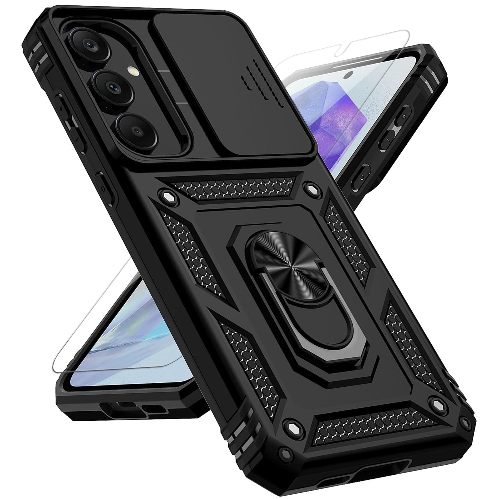 for Samsung Galaxy A55 5G Case with Slide Camera Cover HD Screen Protector [Military Grade 16ft. Drop Tested] Magnetic Ring Holder Kickstand Protective Phone Case for Galaxy A55 5G 2024, Black