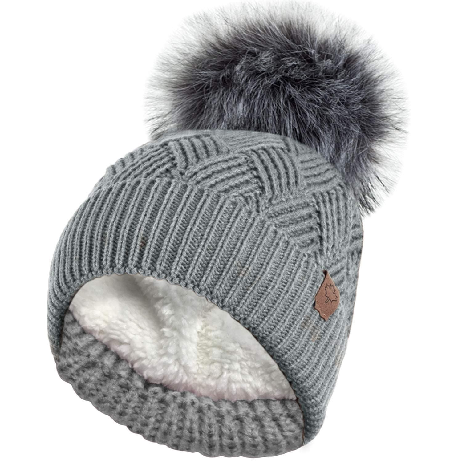 Ladies Warm Chunky Diamond Cable Knit Hat with Thermal Teddy Fleece Lining and Detachable Faux Fur Pompom
