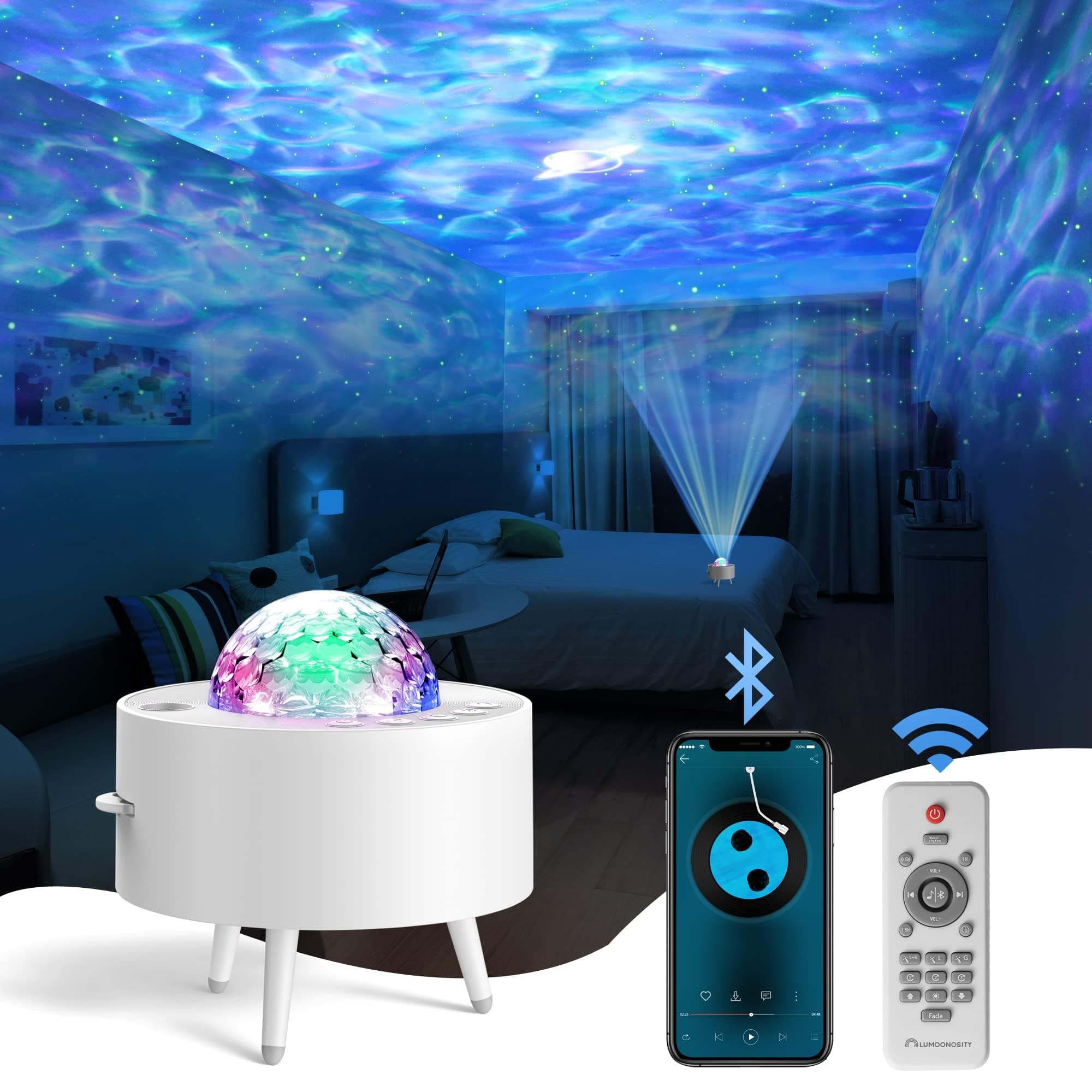Lumoonosity Ocean Wave Projector – Water Light Projector for Bedroom, Kids Room Decor – Ocean Galaxy Night Light with Speaker - Starry Light with 9 Planet, Star, Water Wave Effect