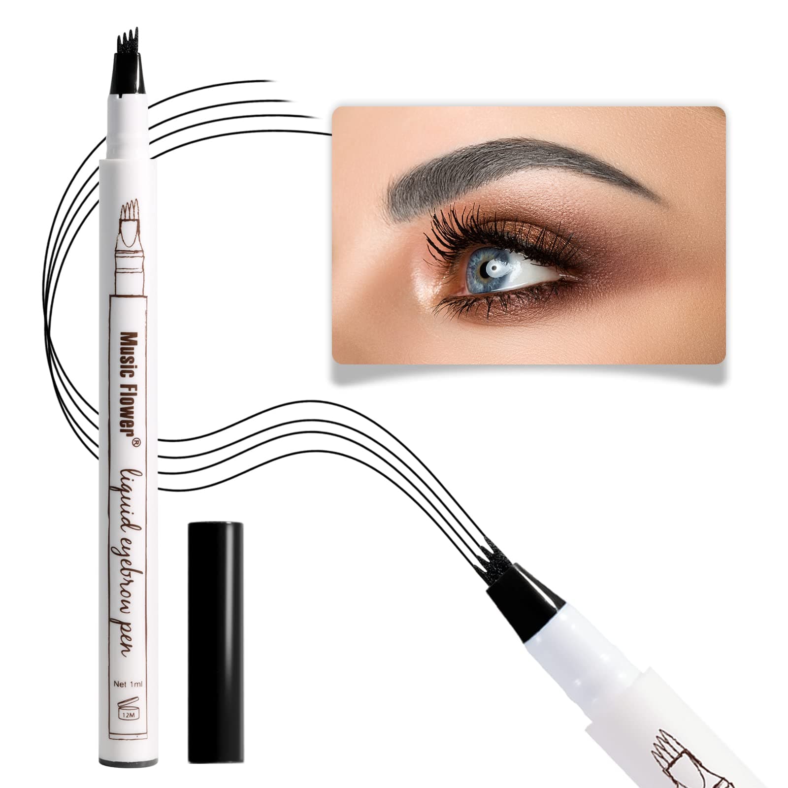 Music Flower Eyebrow Pencil, Black Brow Pencil, Waterproof Brow Pen with 4 Micro-Fork Tip, Smudgeproof Fine Sketch Long Lasting Pen