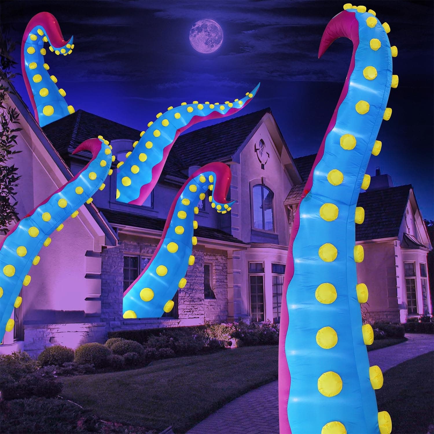 Juegoal 1 PCS Halloween Decorations 11.5FT Tall Inflatable Lighted Giant Octopus Tentacle, Octopus Legs with Lights, Halloween Front Door Window Roof Prop, Outdoor Holiday Blow up Decor - Mold A