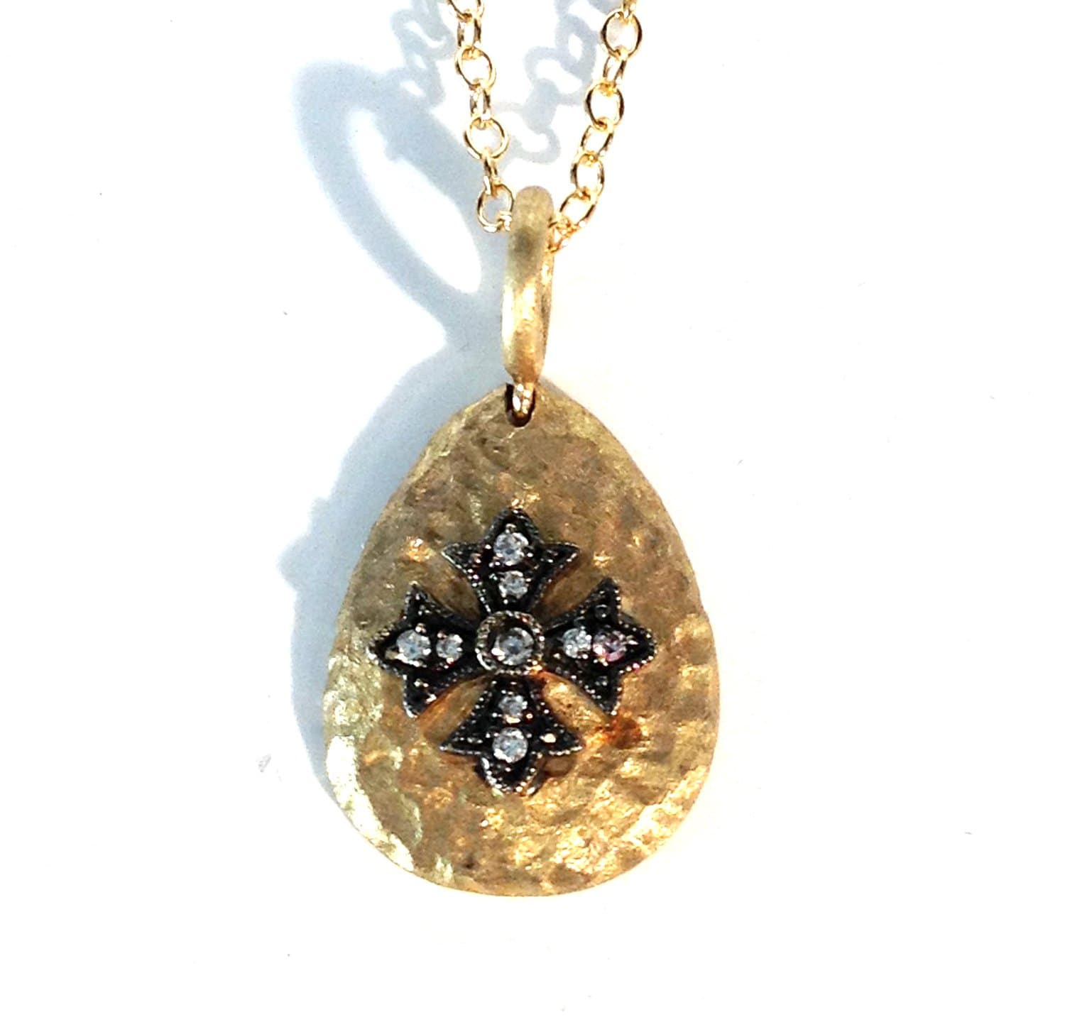 Maltese Cross Diamond & Yellow Hammered 14k Gold w/ Black Rhodium Pendant Charm