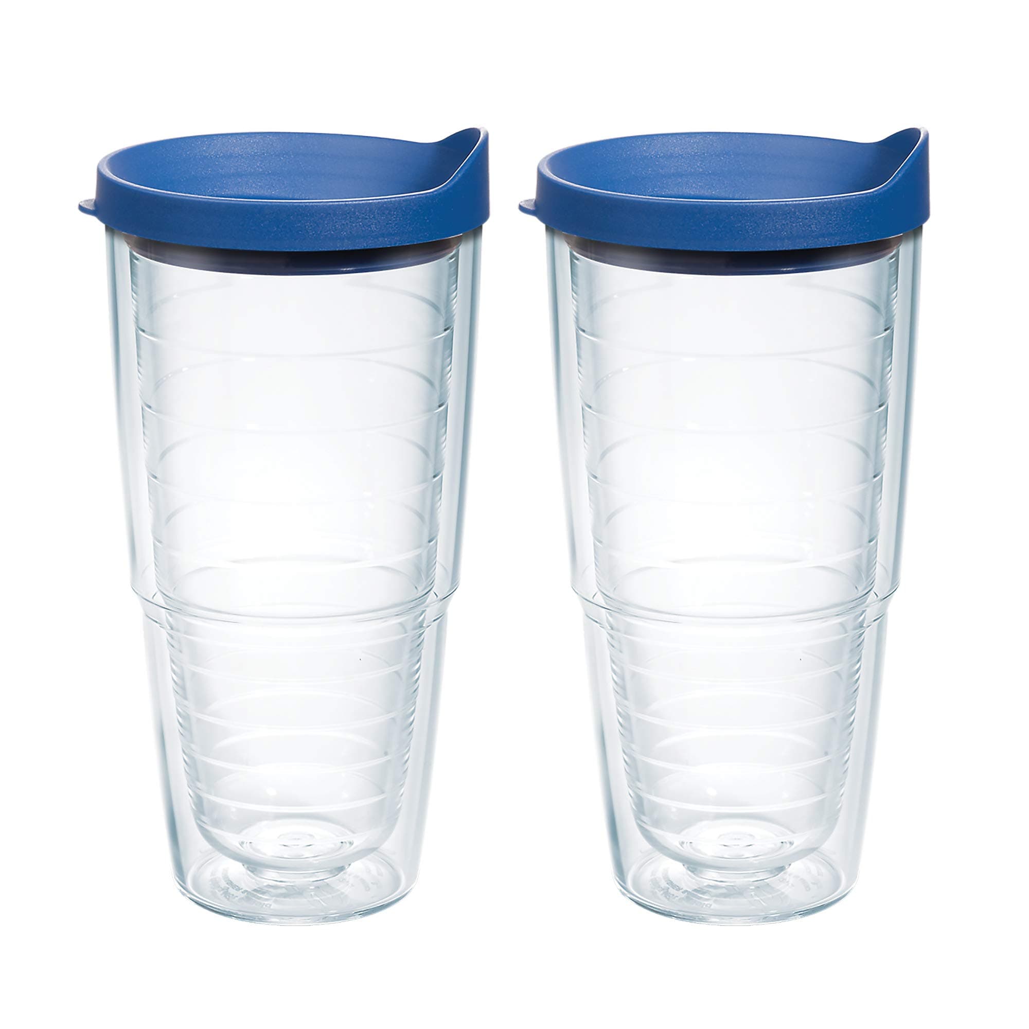 Clear & Colorful Lidded Made in USA Double Walled Insulated Tumbler Travel Cup Keeps Drinks Cold & Hot, 24oz 2pk, Blue Lid