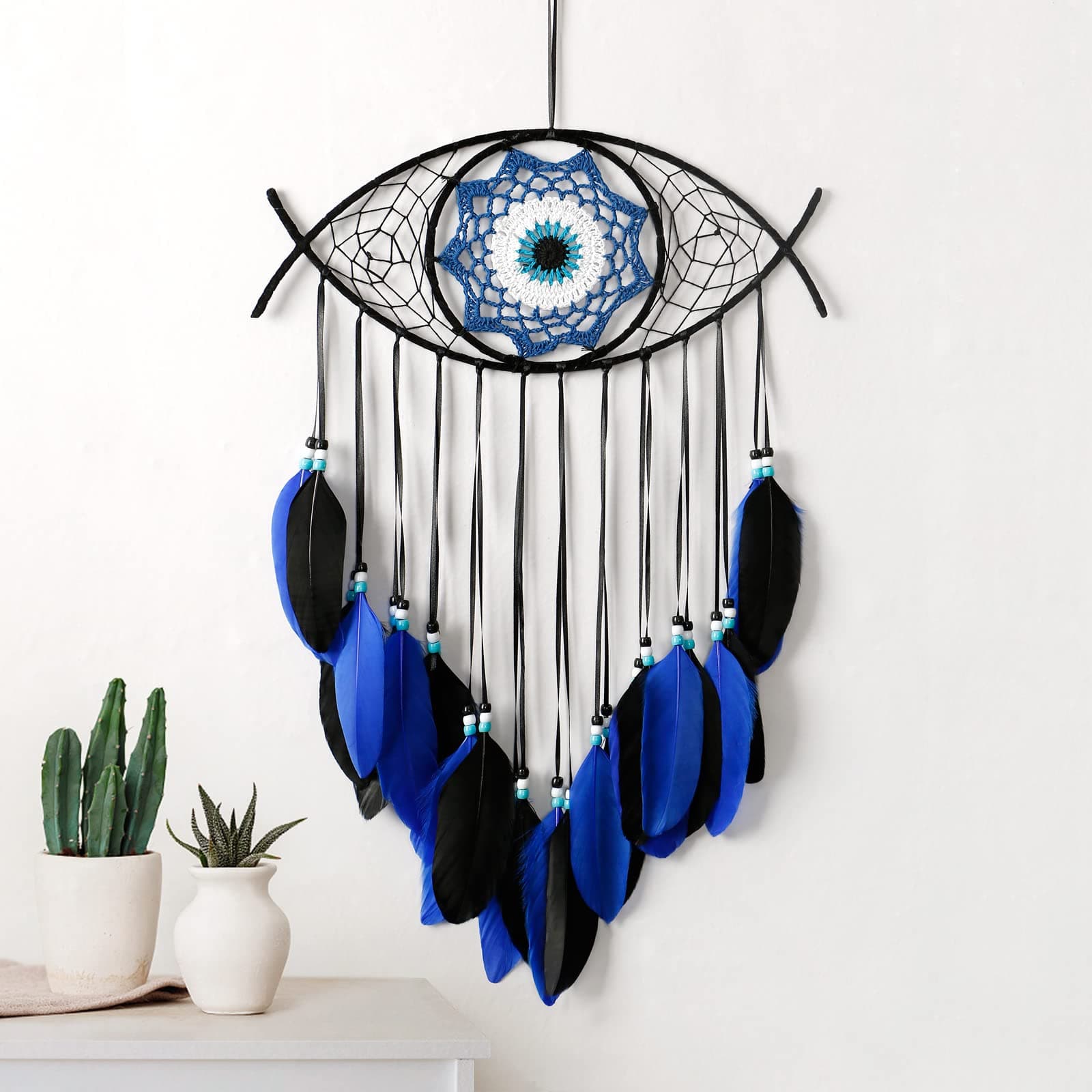 Dremisland Evil Eye Dream Catcher Hand-Woven Blue Macrame Dreamcatcher Evil Eye Wall Hanging Home Decoration Ornament Kids Blessing Gift