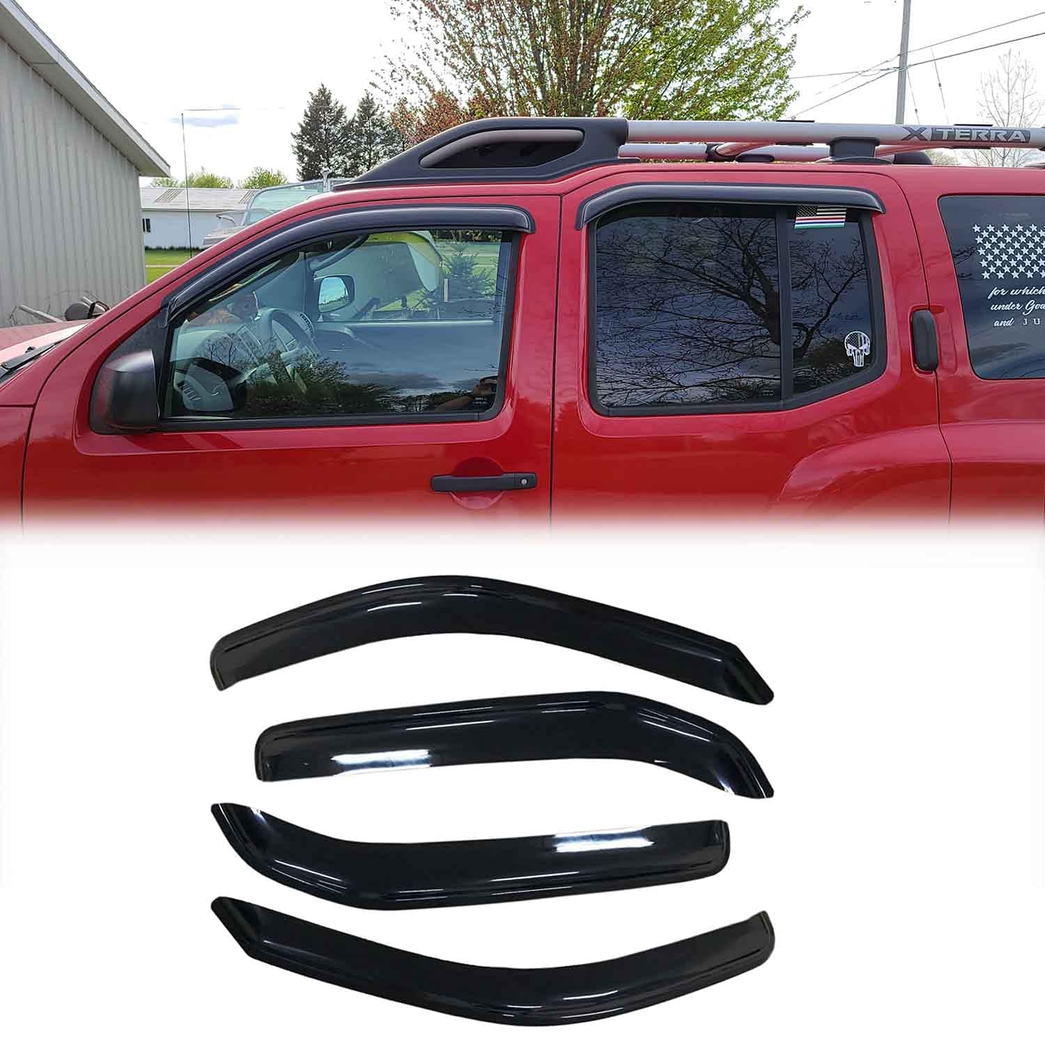 Puermto Original Side Window Wind Deflector,4pcs Out-Channel Tape On Dark Smoke Sun Rain Guards Set, Vent Visor fit for 2005-2015 Nissan Xterra 94539
