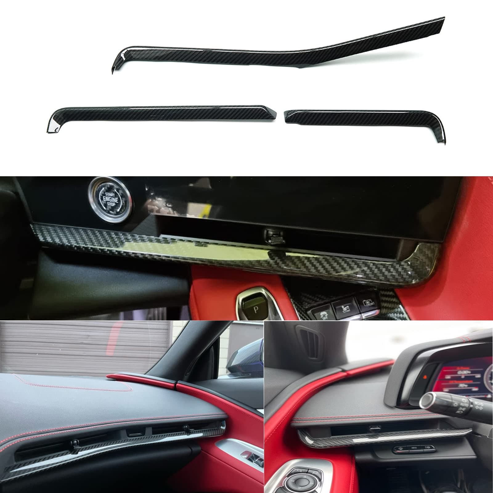 Genuine Carbon Fiber Dashboard Strip Trim for Corvette C8 Z51 Z06 ZR1 Coupe Convertible 2020 2021 2022 2023 2024 2025, Central Console Dash Board Cover (Black Carbon Dashboard Panel Trim)