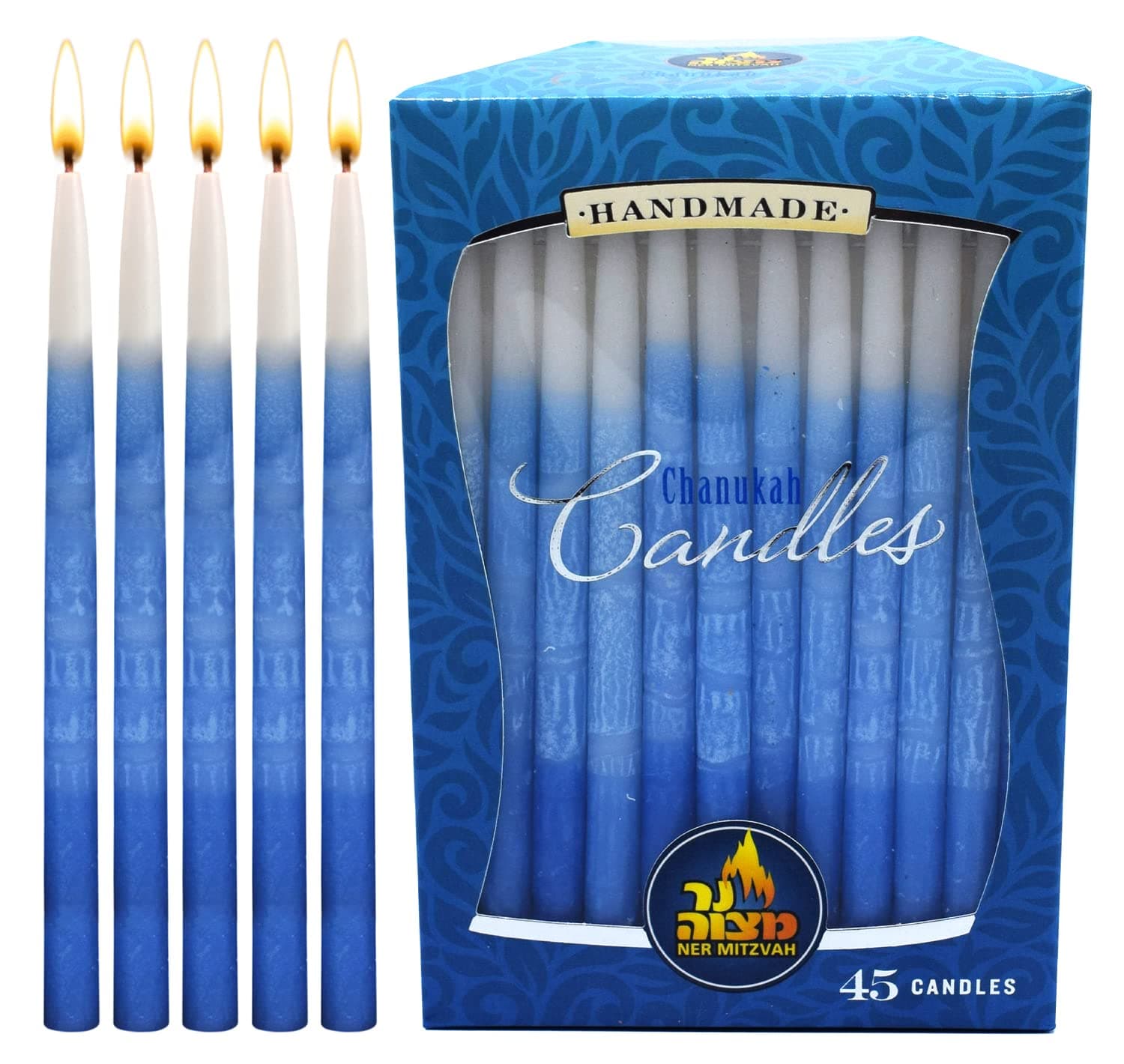 Ner Mitzvah Dripless Chanukah Candles, Decorated Ombre Blue & White Hanukkah Candles Fits Most Menorahs, Premium Quality Wax for All 8 Nights of Hanukkah - Standard Size - 45 Count