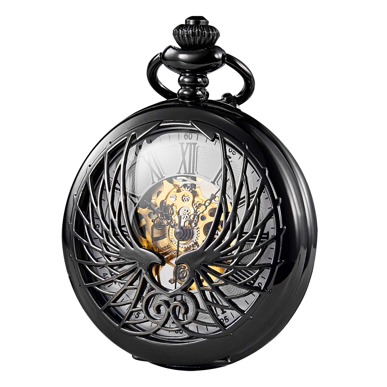 Skeleton Eagle Wings Design Black Case Roman Numeral Markers Mechanical Pocket Watch