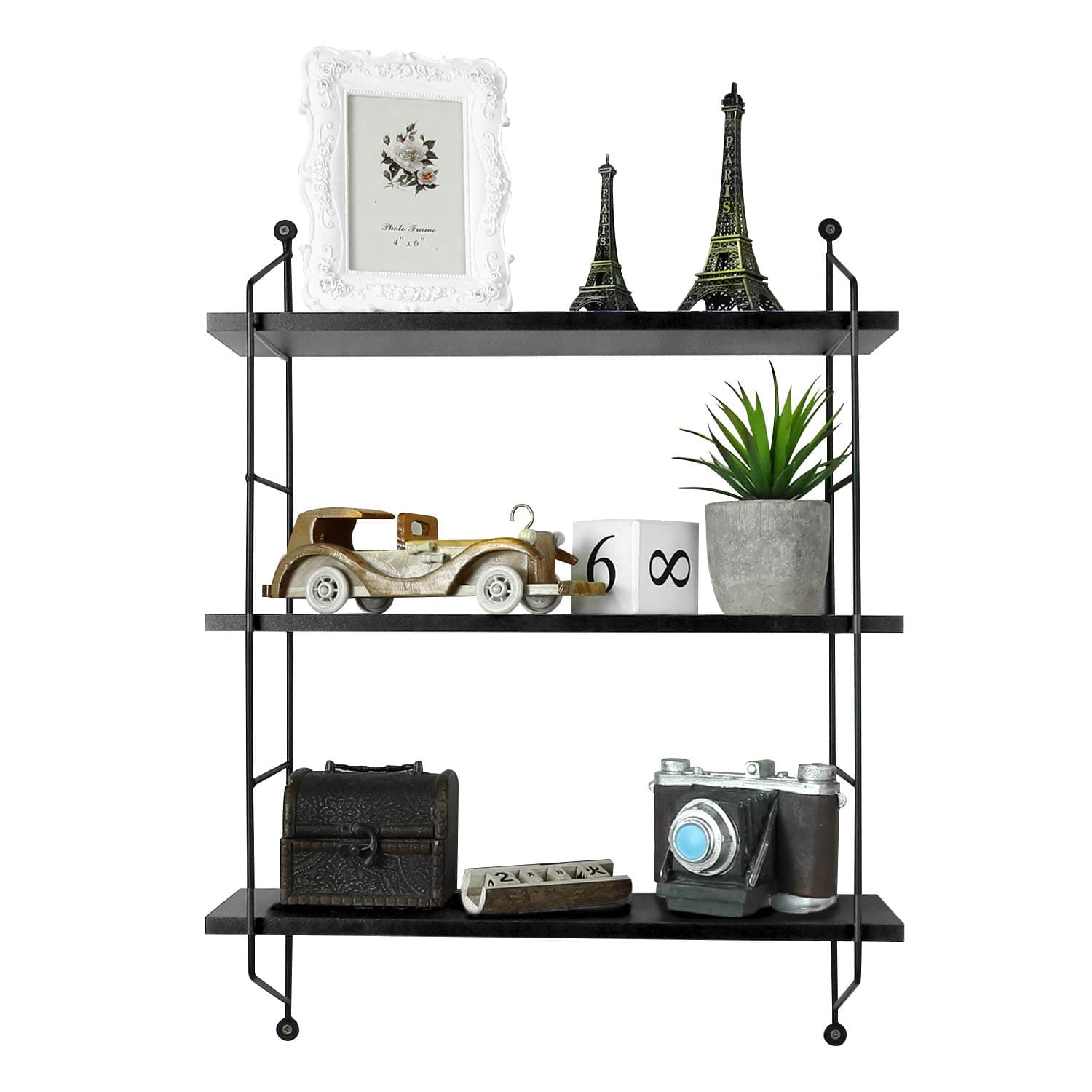 BATHWA 3 Tier Floating Shelves Metal Brackets Wall Mounted Shelves for Living Room Bedroom Office Kitchen Decor Hanging Shelf, Black