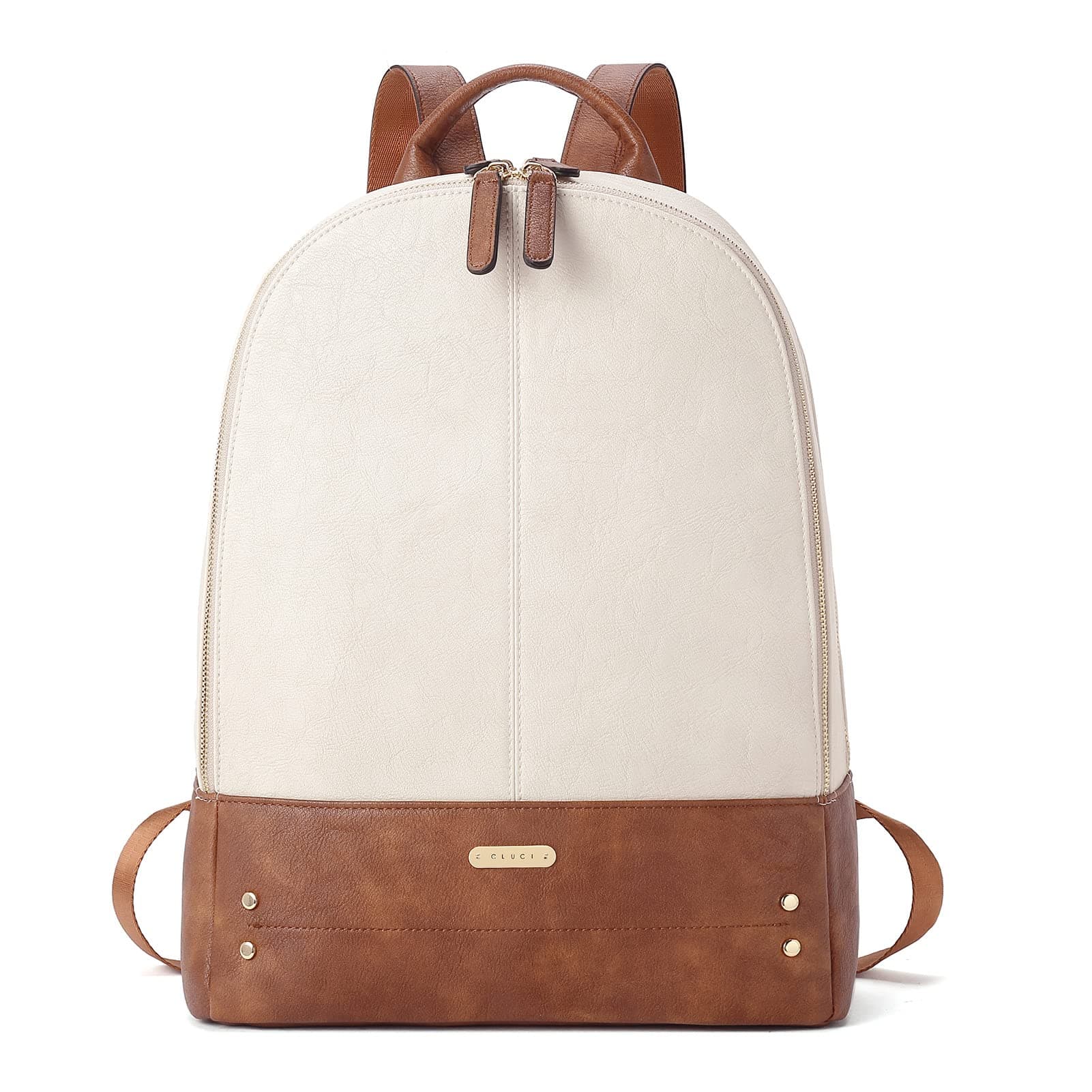 Laptop Backpack for Women Leather 15.6 inch Computer Backpack Travel Vintage Large Bag Beige With Brown 2