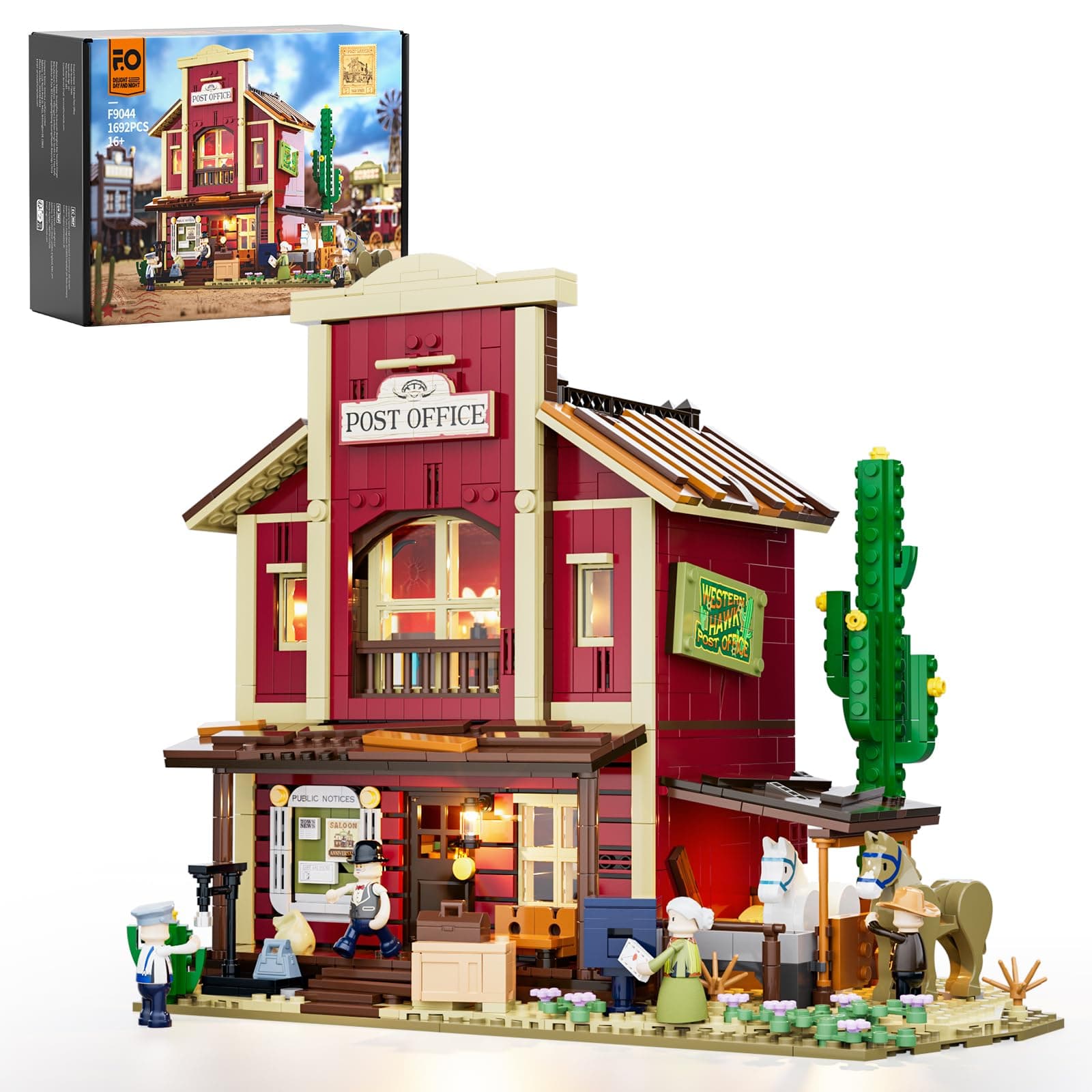 FUNWHOLE Old West Post Office Lighting Building-Bricks Set - 1692 Pcs The Wild West Town Collection Display Set for Adults and West Lovers