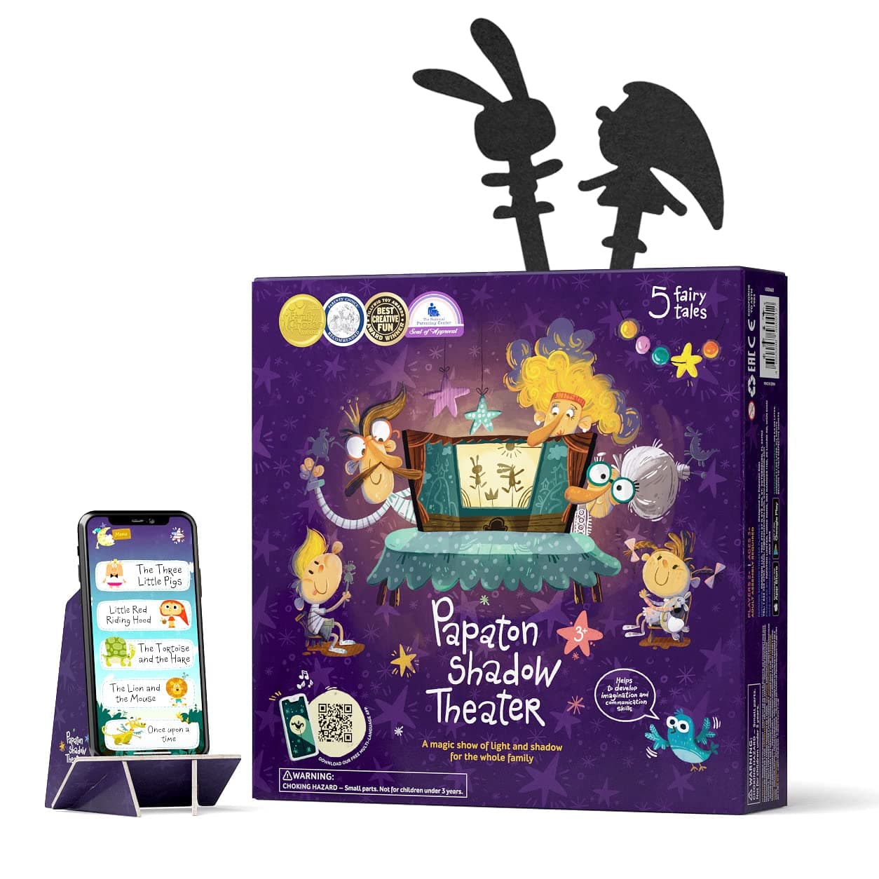 PAPATON Shadow Puppet Theater - 32 Shadow Puppets - Award Winning Toy, Family Storytelling Board Game, Downloadable App, Birthday Gift for 3 4 5 6 7 8 Years Kids