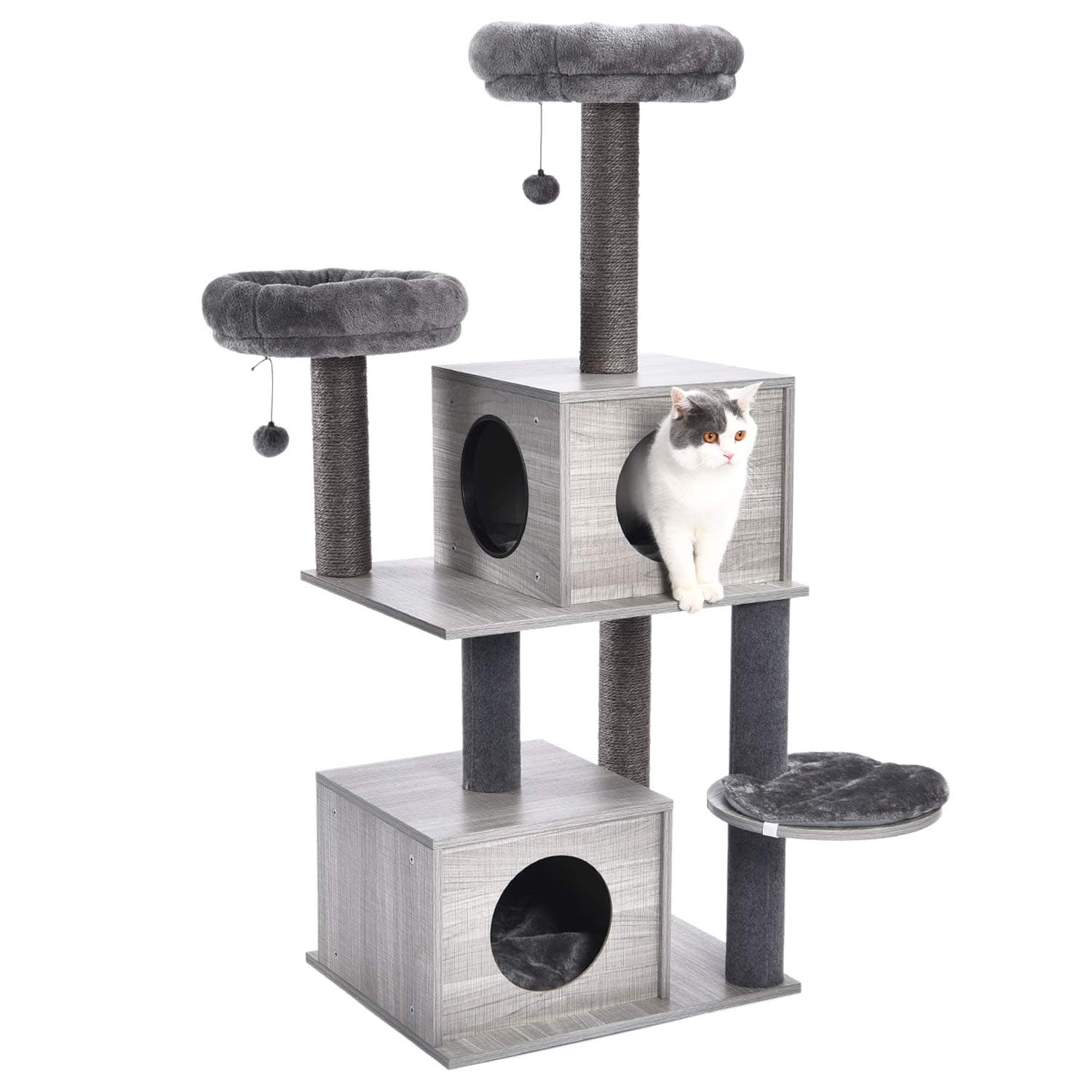 PAWZ RoadMedium Cat Tree Activity Center stable and sturdy with multi platforms, Cat Play Tower wooden cat tree with sisal-covered cat scratching posts Grey 59 * 48 * 141cm