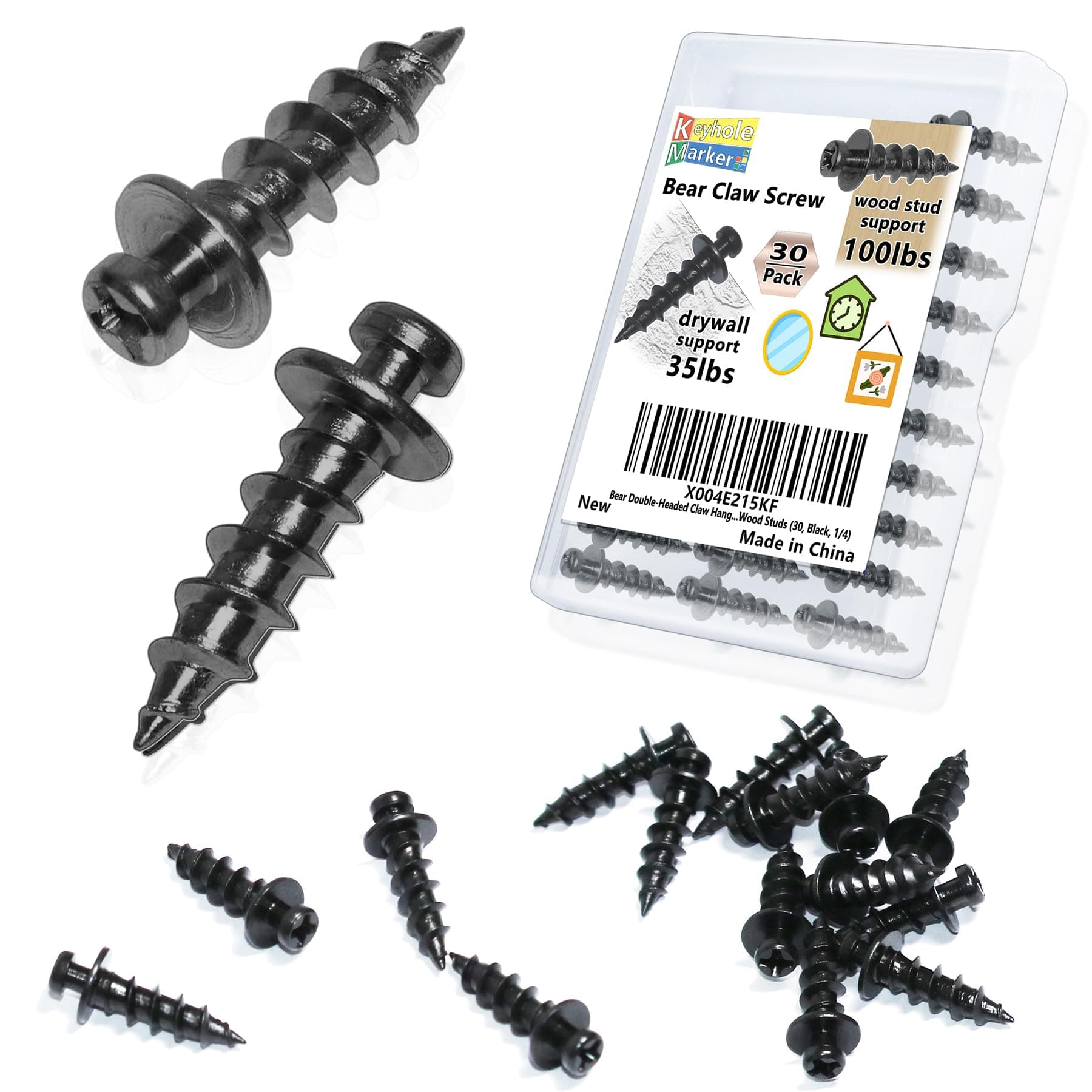 Bear Double Headed Claw Hanger Screws - Ideal for Picture Frames,Mirror,Art,Decor Hanging, for D-Rings, Sawtooth, Wire and Keyholes, Black