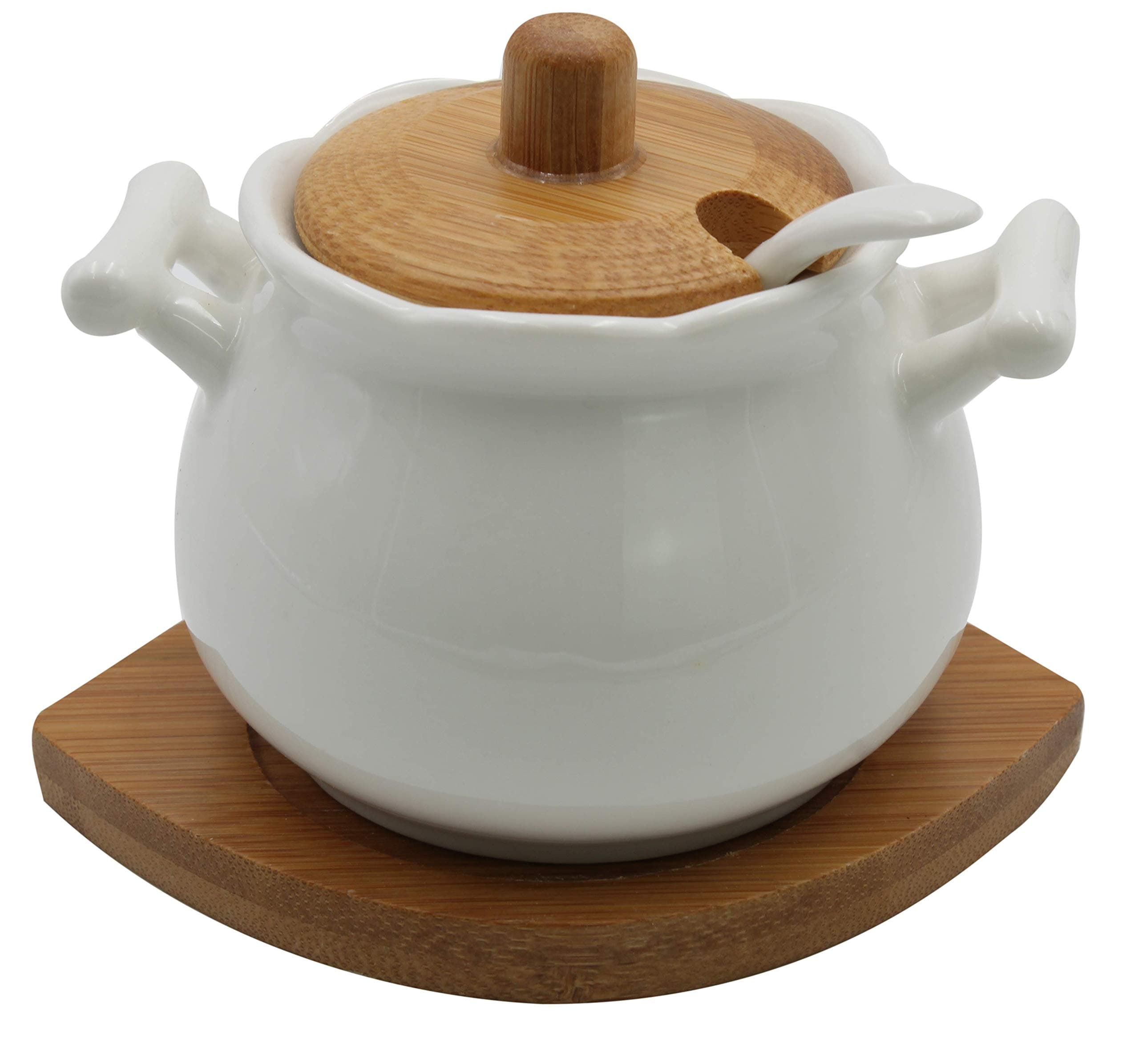 Vintage Ceramic Sugar Bowl With Spoon Bamboo Lid And Base White Home And Kitchen Elegant Design