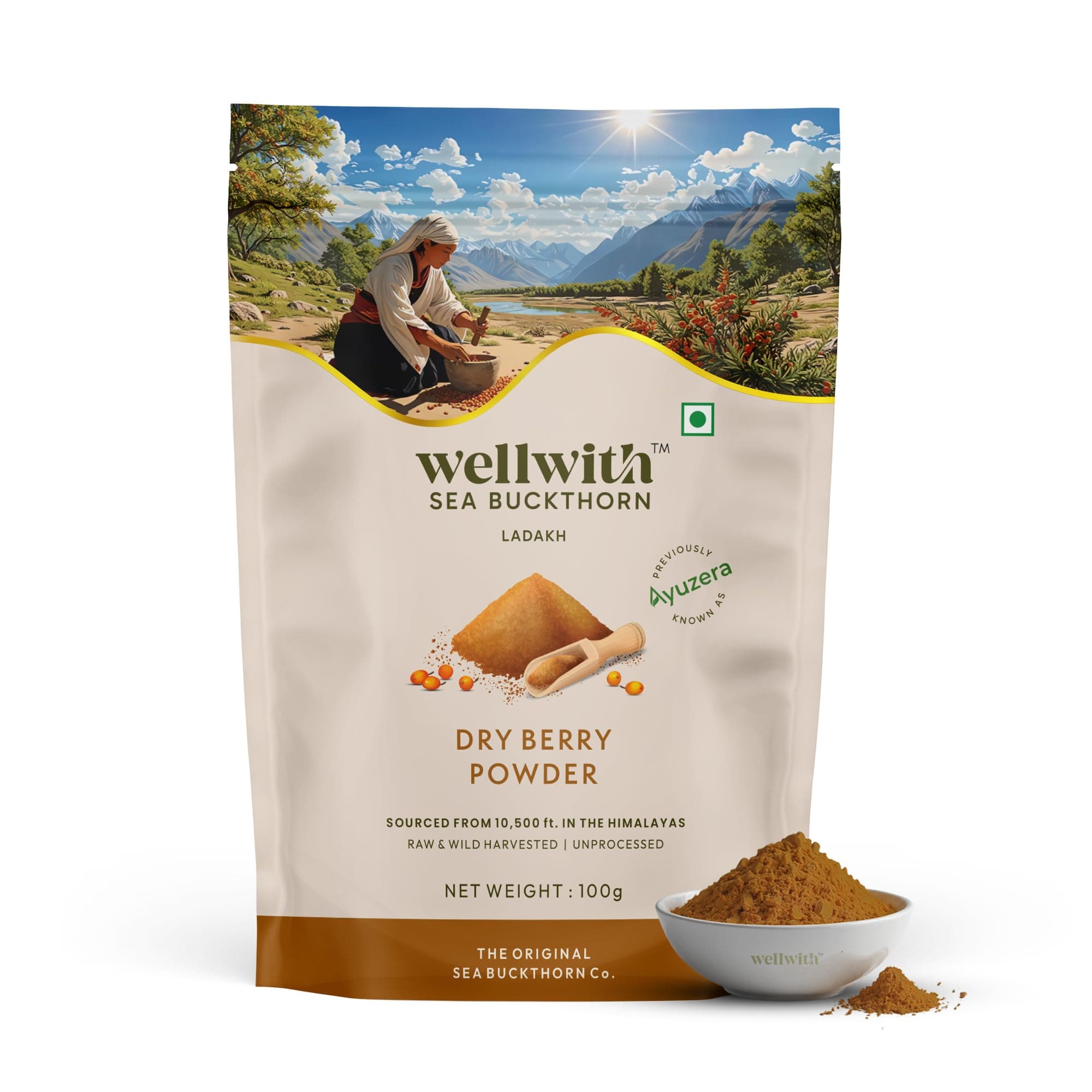 Wellwith by Ayuzera Himalayan Sea Buckthorn Berries Powder, 100g | Rich in Omega 3, 6, 7, 9 | Collagen, Fiber, Omegas, Vitamin C, Vitamin E | Dry Sea Buckthorn Berry Powder (100, Grams)