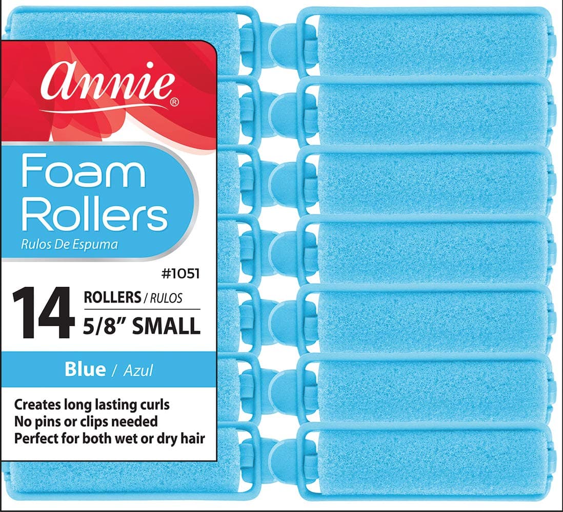 Annie Salon Style Small Foam Hair Rollers - 5/8" Blue - 14 Piece Set - Soft Heat-less Hair Curling Tools
