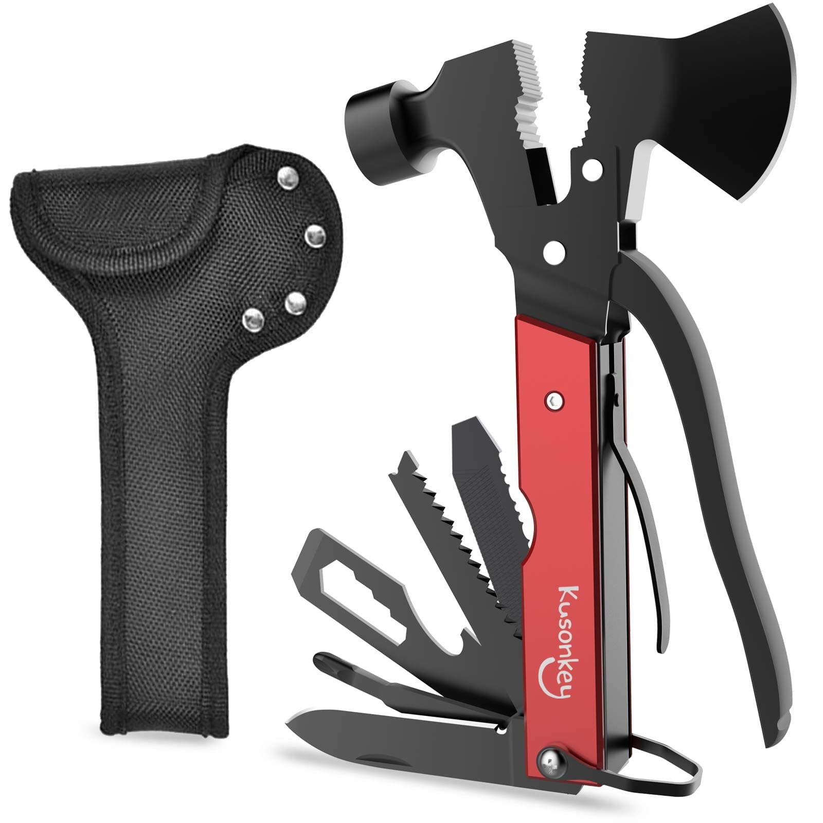 Multitool Camping Accessories Gear Tools Gifts for Men, Kusonkey Survival Gear 16 in 1 Hatchet with Knife Axe Hammer Saw Screwdrivers Pliers Bottle Opener Durable Sheath, Multitools Gifts for Women