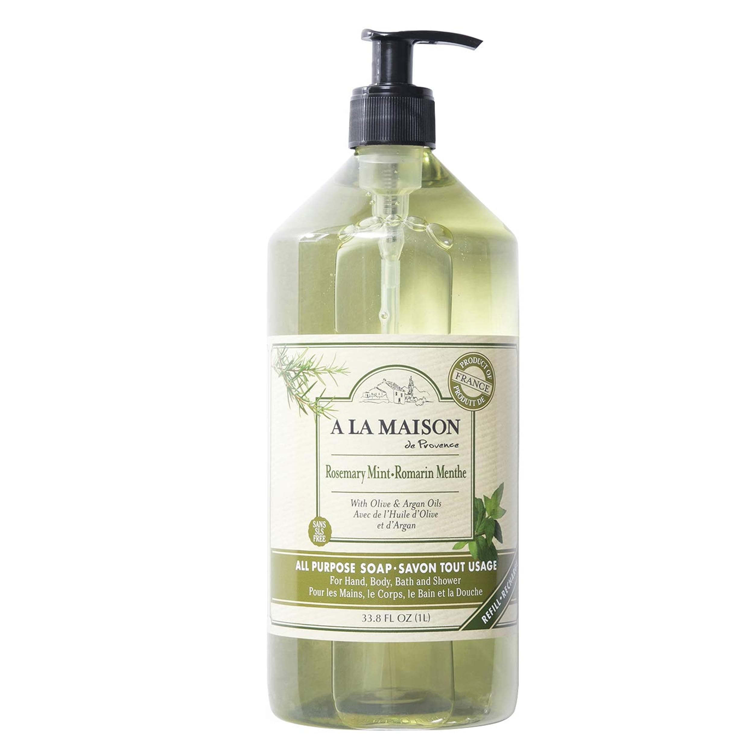 French Liquid Hand Soap, Rosemary Mint - Natural Hand Wash Made with Essential Oils - Biodegradable, Plant-Based, Vegan, Cruelty-Free, Alcohol & Paraben Free (33.8 oz, 1 Pack)