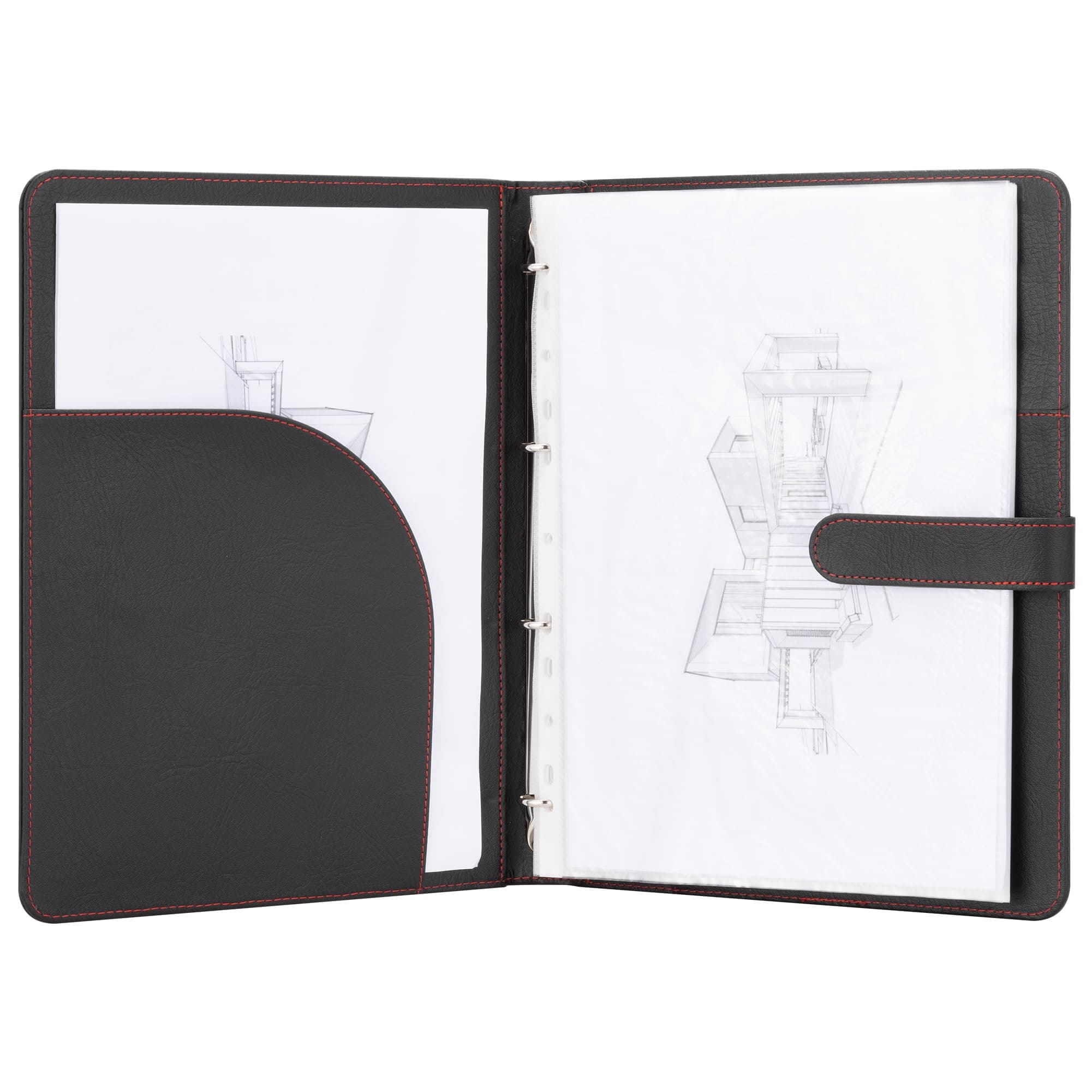 H&S A4 Portfolio Folder with Ring Binder Mechanism - with 40 Plastic A4 Document Pockets - Black Faux Leather Conference Folder