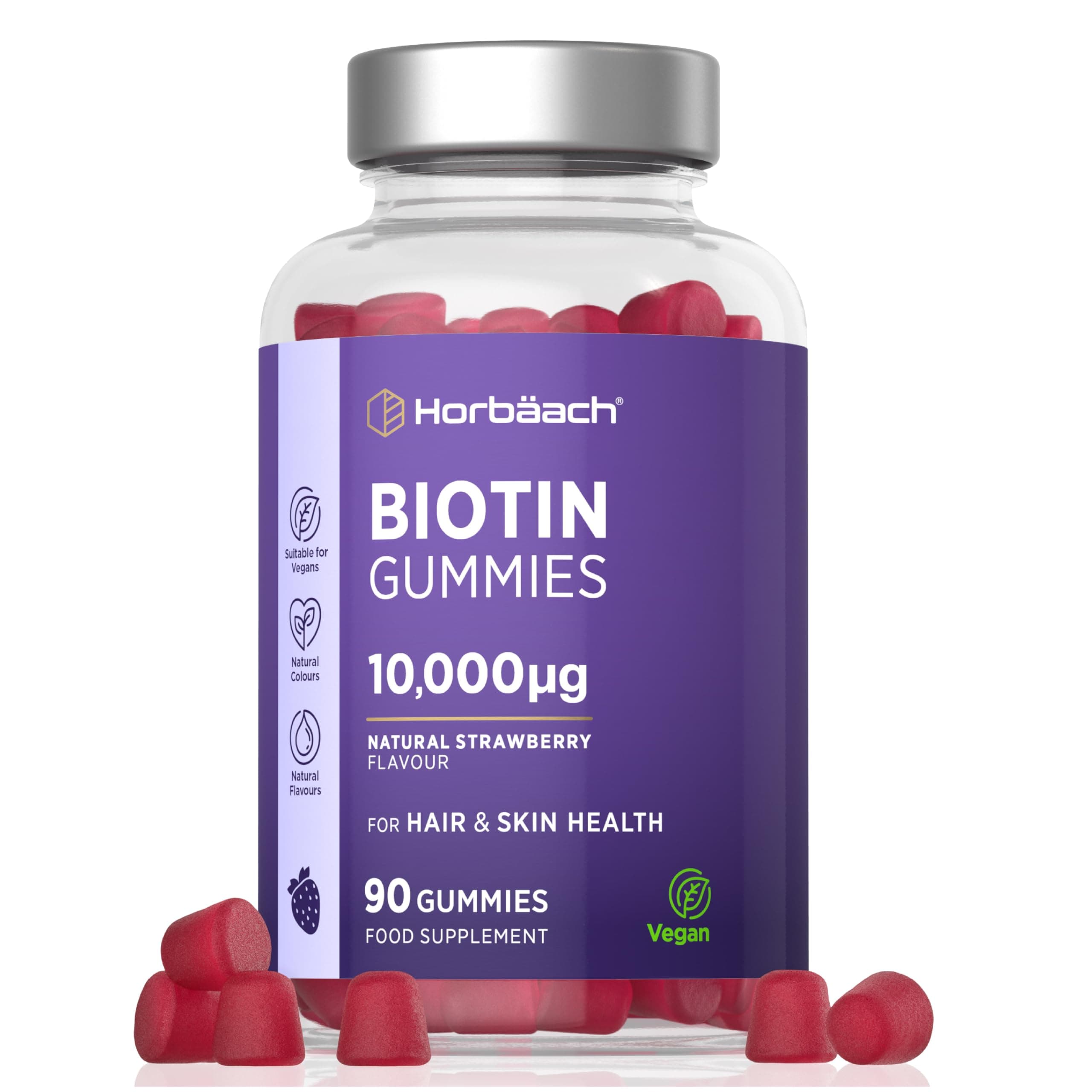 Biotin Gummies 10,000mcg | 90 Vegan Gummies | Supports Normal Skin & Hair Growth | Chewable Vitamins Not Tablets - Natural Strawberry Flavour | 45 Days Supply