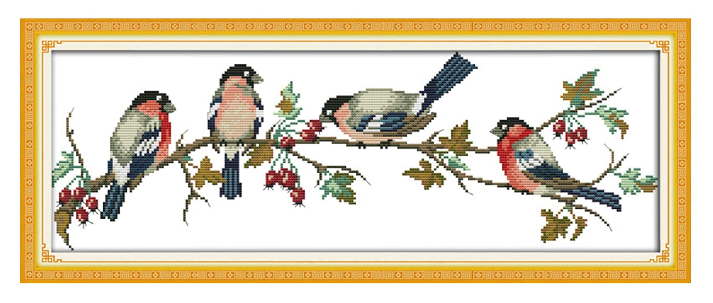 eGoodn Cross Stitch Stamped Kit Pre-Printed Pattern Bullfinches, 11ct Aida Fabric Size 26.8 inches by 9.8 inches for Embroidery Needlework Art Crafts Lovers, No Frame