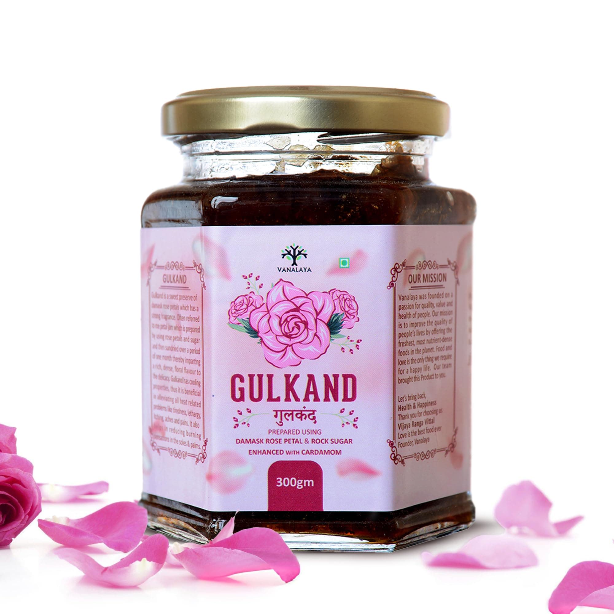 Vanalaya Natural Organic Gulkand Prepared Using Damask Rose Enhanced with Cardamon -300 Grams