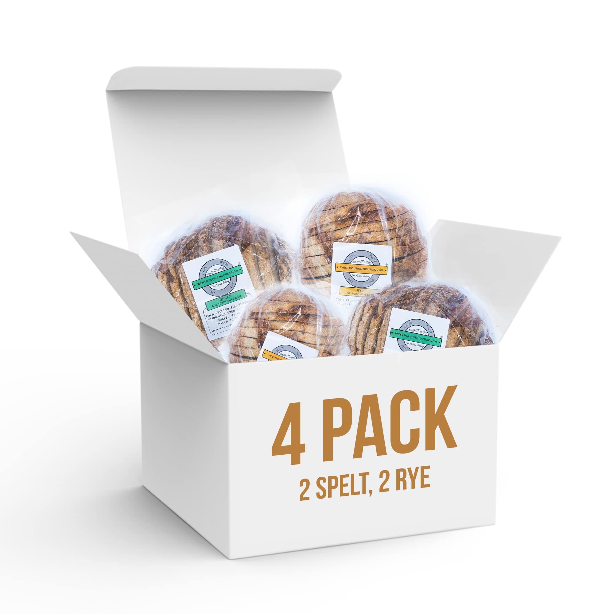 Westbourne Sourdough Bakery - 4 Fresh Loaves – One Day Delivery, Artisan Bread, Vegan Friendly, Hand Baked in UK - 650g (Mixed Pack – 2 Spelt, 2 Rye)