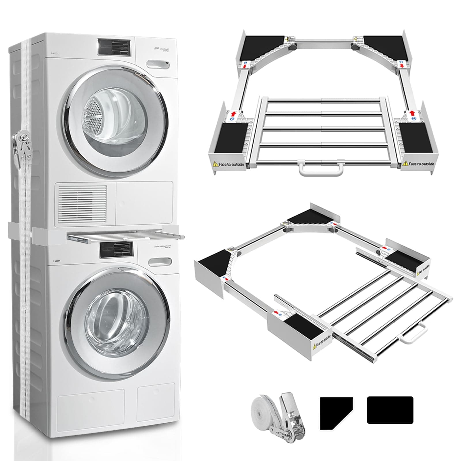 Washer Dryer Stacking Kit 29 inch, Universal Washer and Dryer Stacking Kit with Pull Out Drying Rack, Adjustable 29"/28"/27"/26"/25"/24" Stacking Kit with Ratchet Strap