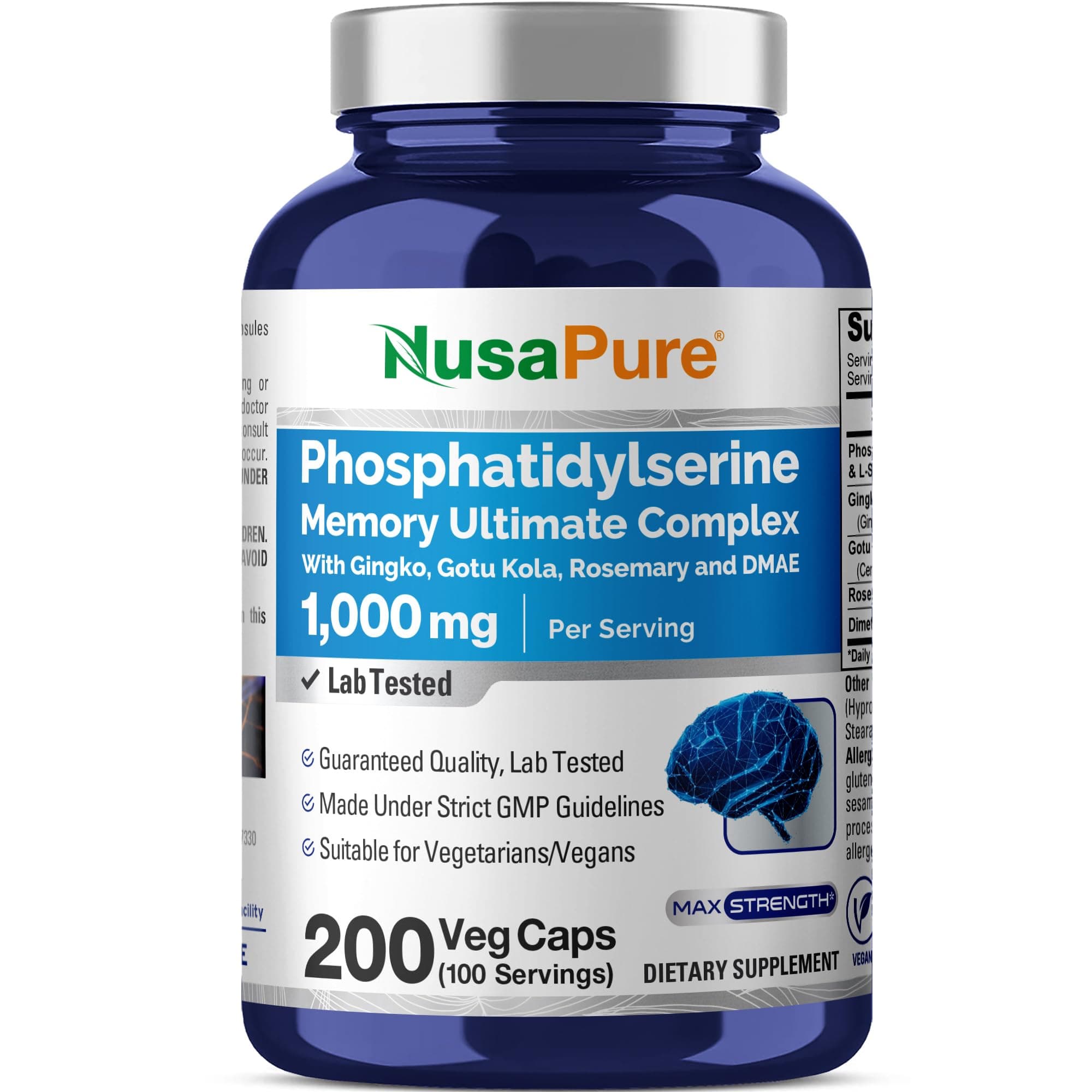 NusaPure Phosphatidylserine Memory Ultimate Complex 1000mg 200 Vegetarian Caps (Vegan, Non-GMO & Gluten-Free)